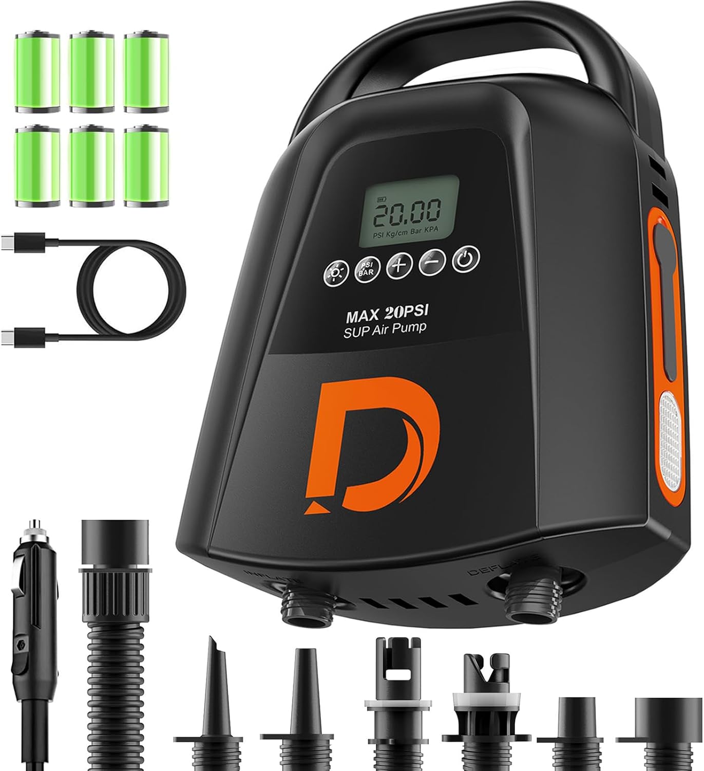 Rechargeable Sup Pump 9000mAh, 20PSI Electric Portable Paddle Board Air Pump with USB-C & 12V DC Car Connector, Inflation & Deflation, Auto-Off for Inflatable Stand Up Paddleboard, Boat Rechargeable Sup Pump 9000mAh, 20PSI Electric Portable Paddle Board Air Pump with USB-C & 12V DC Car Connector, Inflation & Deflation, Auto-Off for Inflatable Stand Up Paddleboard, Boat
