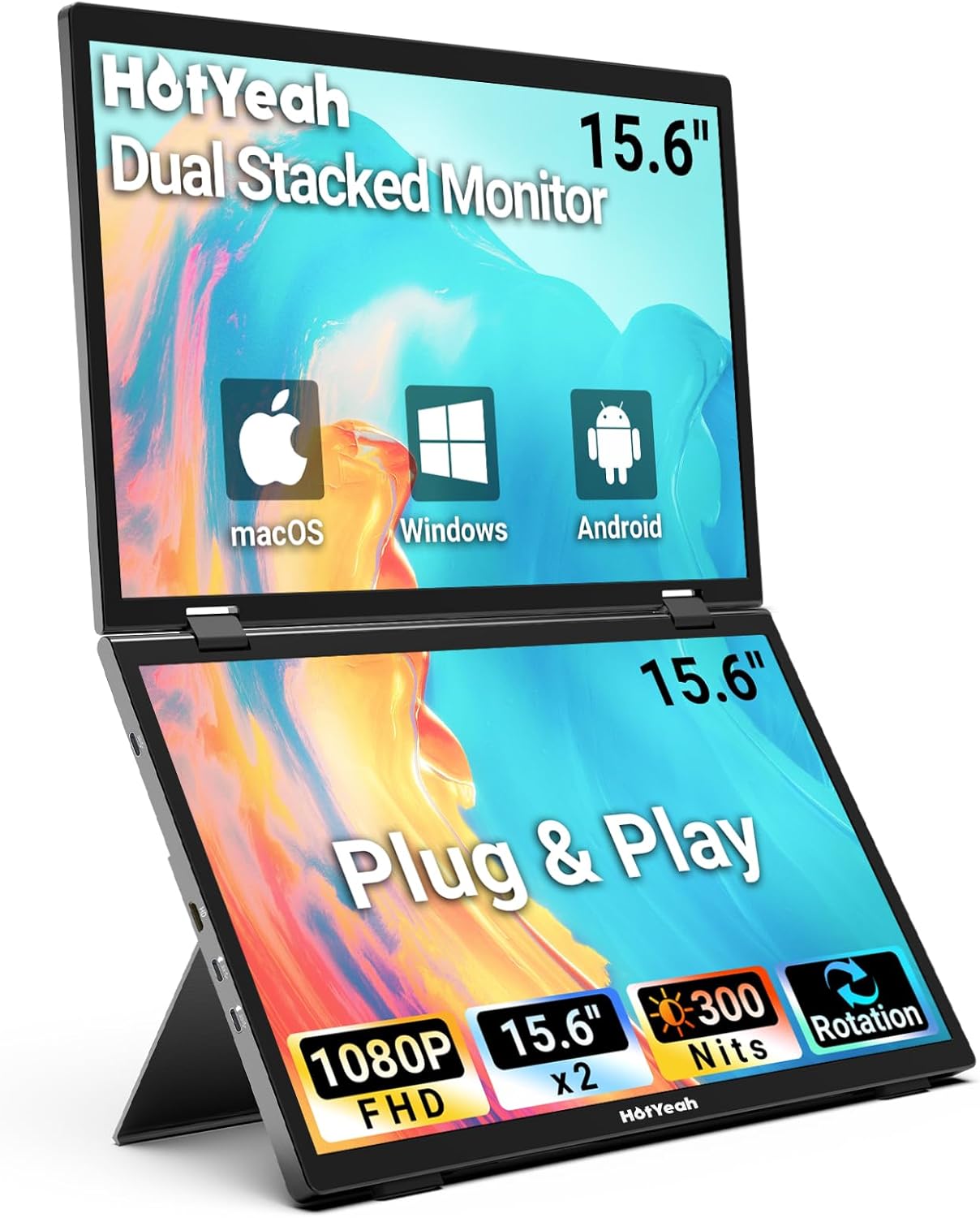 HotYeah Triple Laptop Screen Extender, 15.6” Dual Stacked Monitor (Windows/MAC), USB-C HDMI 1080P IPS, Plug & Play, Folding Extended Monitor Extender w/Kickstand & 180° Rotation HotYeah Triple Laptop Screen Extender, 15.6” Dual Stacked Monitor (Windows/MAC), USB-C HDMI 1080P IPS, Plug & Play, Folding Extended Monitor Extender w/Kickstand & 180° Rotation