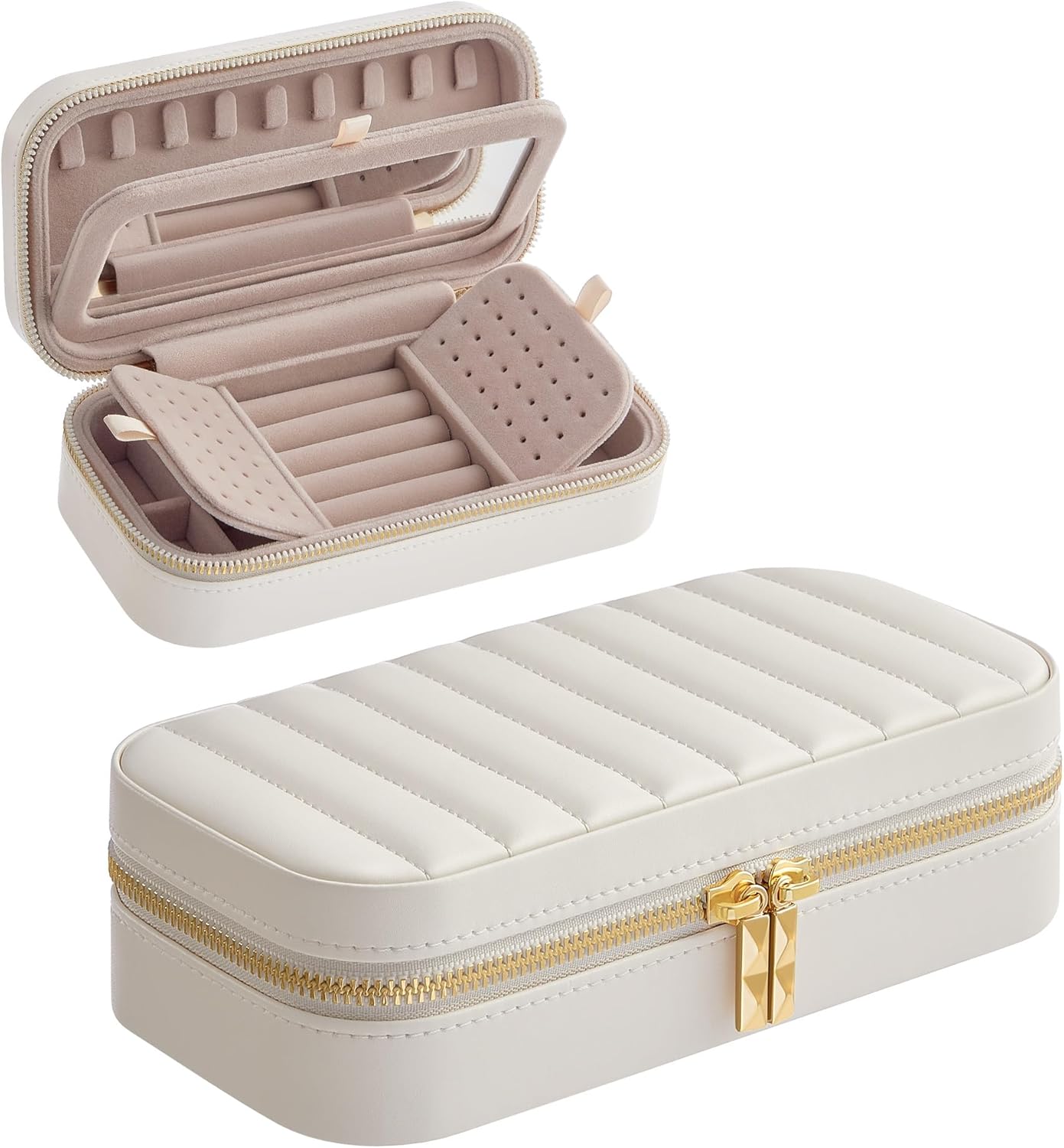 SONGMICS HOME Travel Jewelry Case, Small Jewelry Box Organizer with Mirror, 4.1 x 8 x 2.4 Inches, PU Surface with Stitching, Portable, Cloud White, ANAH Collection UJBC180W01 SONGMICS HOME Travel Jewelry Case, Small Jewelry Box Organizer with Mirror, 4.1 x 8 x 2.4 Inches, PU Surface with Stitching, Portable, Cloud White, ANAH Collection UJBC180W01