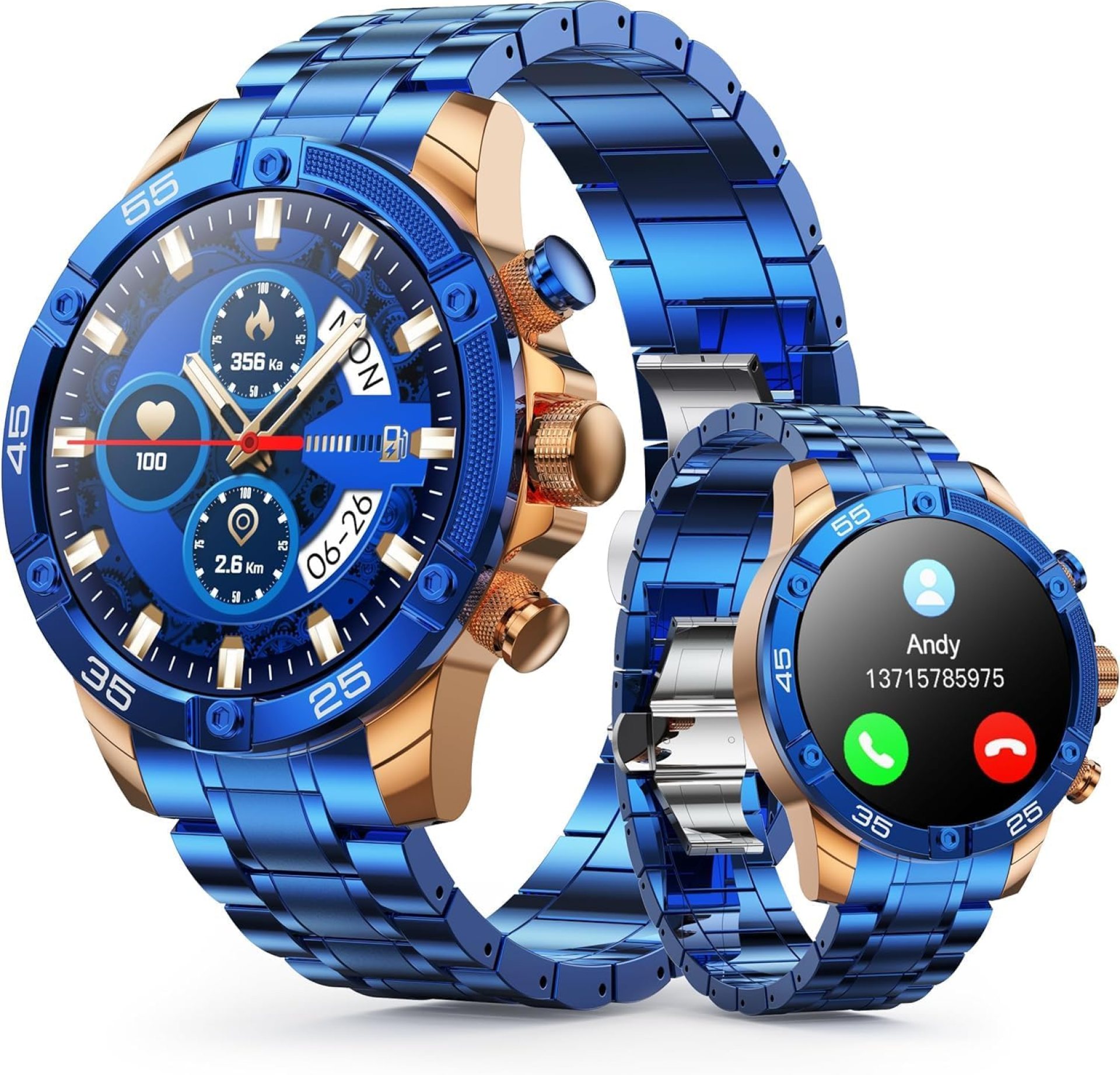 Men’s Smart Watch Round HD 1.53″ Gold Blue Smart Watches for Men, Multiple Sports Modes, Bluetooth Voice Call. Available for iOS and Android Men’s Smart Watch Round HD 1.53″ Gold Blue Smart Watches for Men, Multiple Sports Modes, Bluetooth Voice Call. Available for iOS and Android