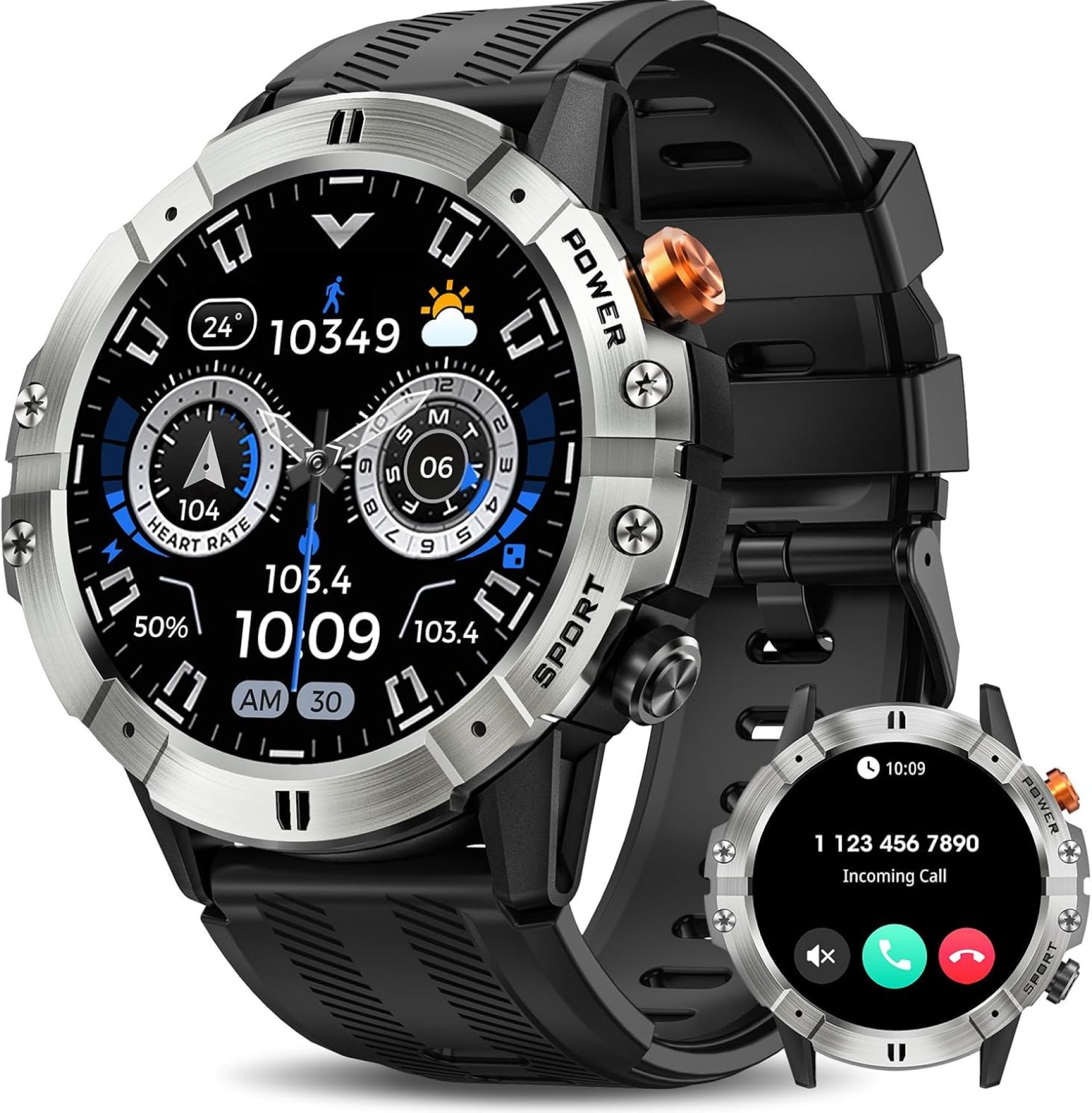 Smart Watches for Men, Bluetooth Call Military Smart Watch, Waterproof Fitness Tracker with Heart Rate/Blood Oxygen/Sleep Monitor/124 Sports Modes, Tactical Watch for Android Phones & iPhone (Silver) Smart Watches for Men, Bluetooth Call Military Smart Watch, Waterproof Fitness Tracker with Heart Rate/Blood Oxygen/Sleep Monitor/124 Sports Modes, Tactical Watch for Android Phones & iPhone (Silver)