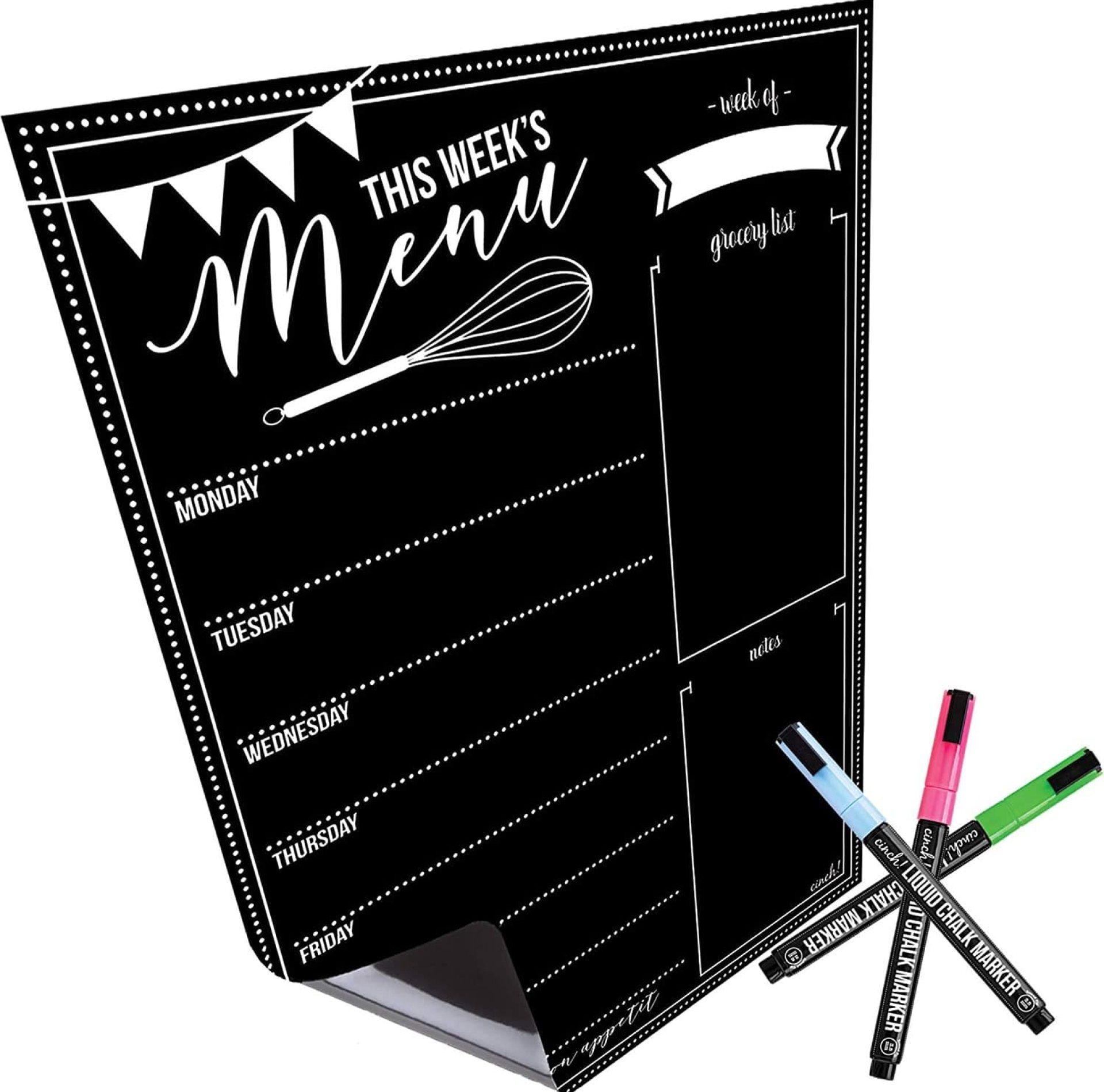 Cinch! 16×12-Inch Chalkboard Weekly Menu – Magnetic Meal Planner Board for Refrigerator – Reusable Black Menu Board with 3 Neon Liquid Chalk Markers – Weekly Food Planner for Kitchen Organization Cinch! 16×12-Inch Chalkboard Weekly Menu – Magnetic Meal Planner Board for Refrigerator – Reusable Black Menu Board with 3 Neon Liquid Chalk Markers – Weekly Food Planner for Kitchen Organization