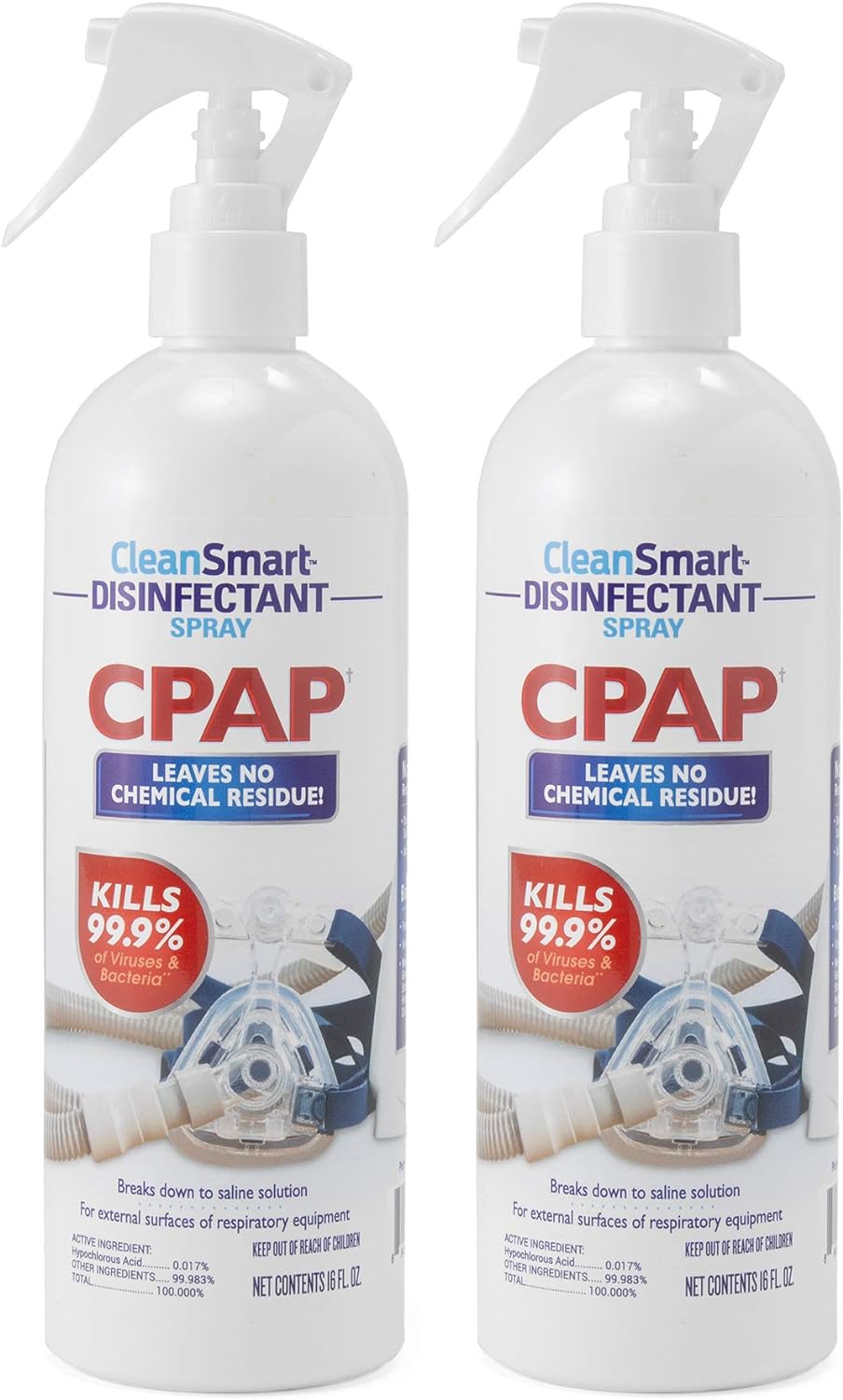 CleanSmart CPAP Disinfectant Spray, Kills 99.9% of Bacteria and Viruses on CPAP Equipment, No Residue, 16 oz (Pack of 2) CleanSmart CPAP Disinfectant Spray, Kills 99.9% of Bacteria and Viruses on CPAP Equipment, No Residue, 16 oz (Pack of 2)