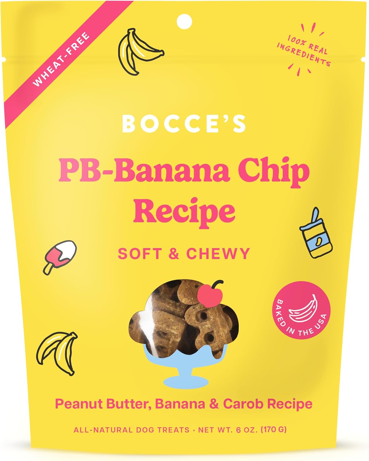 Bocce’s Bakery PB Banana Chip Recipe Treats for Dogs, Wheat-Free Everyday Dog Treats, Real Ingredients, Baked in The USA, All-Natural Soft & Chewy Cookies, Peanut Butter, Bananas, & Carob, 6 oz Bocce’s Bakery PB Banana Chip Recipe Treats for Dogs, Wheat-Free Everyday Dog Treats, Real Ingredients, Baked in The USA, All-Natural Soft & Chewy Cookies, Peanut Butter, Bananas, & Carob, 6 oz