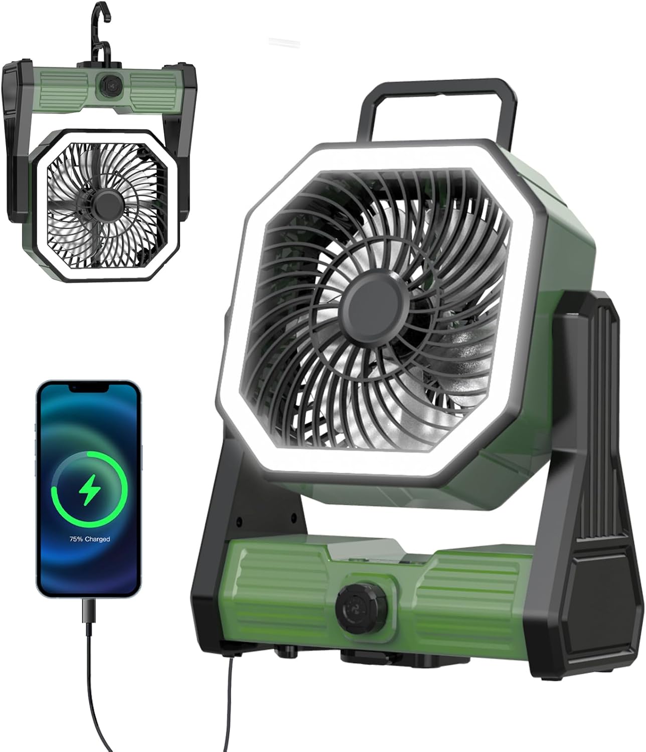 Portable Camping Fan, 20000mAh Battery Powered Fan with LED & Hook, Stepless Speed & Timing Rechargeable Fan, Cordless Desk Fan Auto-Oscillating for Camping, Tent, Fishing, Travel, Office-green Portable Camping Fan, 20000mAh Battery Powered Fan with LED & Hook, Stepless Speed & Timing Rechargeable Fan, Cordless Desk Fan Auto-Oscillating for Camping, Tent, Fishing, Travel, Office-green
