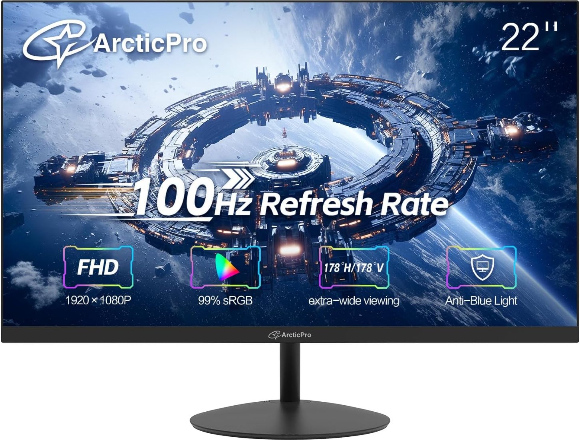 22inch Computer Monitor, FHD 1080p, 100Hz Office and Gaming Monitor, 4ms Response Time, 3-Sided Frameless, Ultra Slim, VESA Mountable, Anti-Blue Light Design, HDMI, VGA 22inch Computer Monitor, FHD 1080p, 100Hz Office and Gaming Monitor, 4ms Response Time, 3-Sided Frameless, Ultra Slim, VESA Mountable, Anti-Blue Light Design, HDMI, VGA