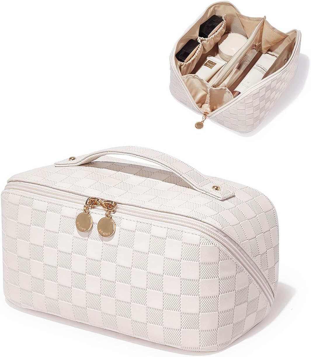 EACHY Travel Makeup Bag,Large Capacity Cosmetic Bags for Women,Waterproof Portable Pouch Open Flat Toiletry Bag Make up Organizer with Divider and Handle EACHY Travel Makeup Bag,Large Capacity Cosmetic Bags for Women,Waterproof Portable Pouch Open Flat Toiletry Bag Make up Organizer with Divider and Handle