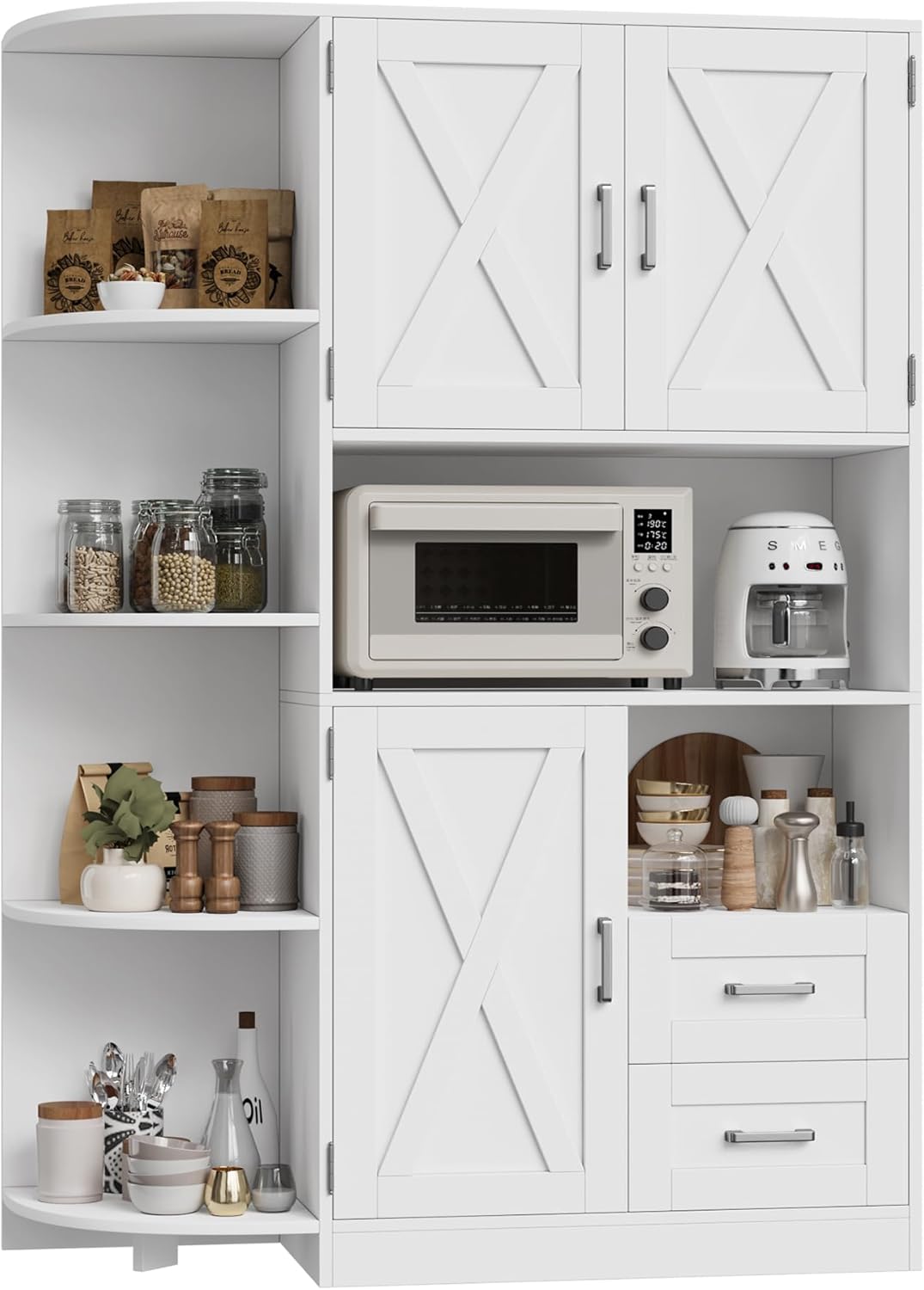 HOSTACK 60.4″ Farmhouse Kitchen Pantry Storage Cabinet, Freestanding Hutch with Doors & Shelves, Buffet Sideboard with Microwave Stand, Coffee Bar with Drawers, Cupboard for Dining Room, White HOSTACK 60.4″ Farmhouse Kitchen Pantry Storage Cabinet, Freestanding Hutch with Doors & Shelves, Buffet Sideboard with Microwave Stand, Coffee Bar with Drawers, Cupboard for Dining Room, White
