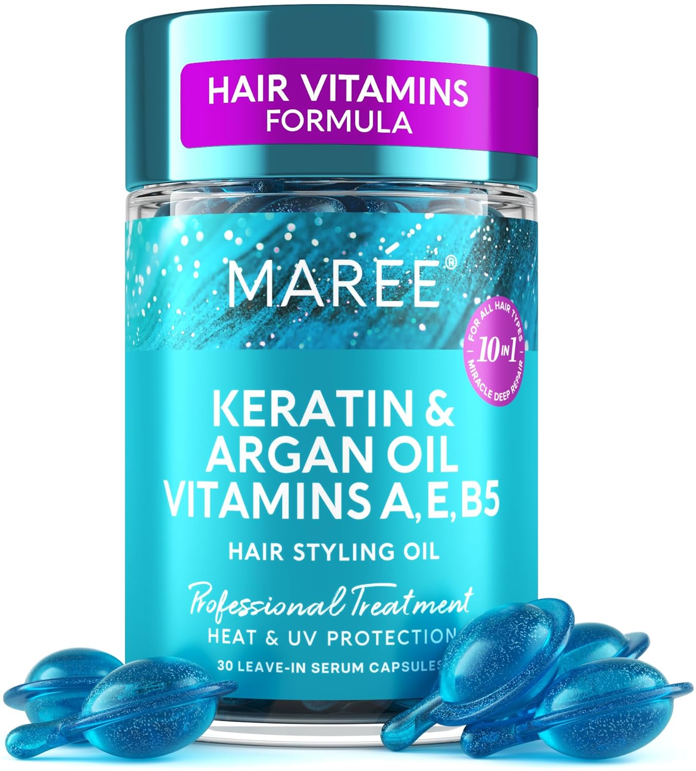 MAREE Hair Oil for Frizzy – Hair Vitamins A, E & B Keratin Styling Capsules with Jojoba & Argan Oil – Anti Frizz Serum for Women – Frizzy, Damaged, Dry and Curly – Sérum Gotas & Aceite Para el Cabello MAREE Hair Oil for Frizzy – Hair Vitamins A, E & B Keratin Styling Capsules with Jojoba & Argan Oil – Anti Frizz Serum for Women – Frizzy, Damaged, Dry and Curly – Sérum Gotas & Aceite Para el Cabello