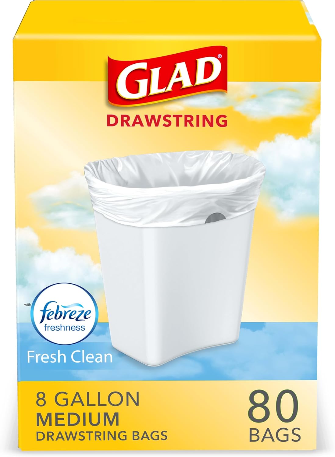 Glad Medium Kitchen Drawstring Trash Bags, 8 Gal, Fresh Clean Scent, 80 Ct (Package May Vary) Glad Medium Kitchen Drawstring Trash Bags, 8 Gal, Fresh Clean Scent, 80 Ct (Package May Vary)