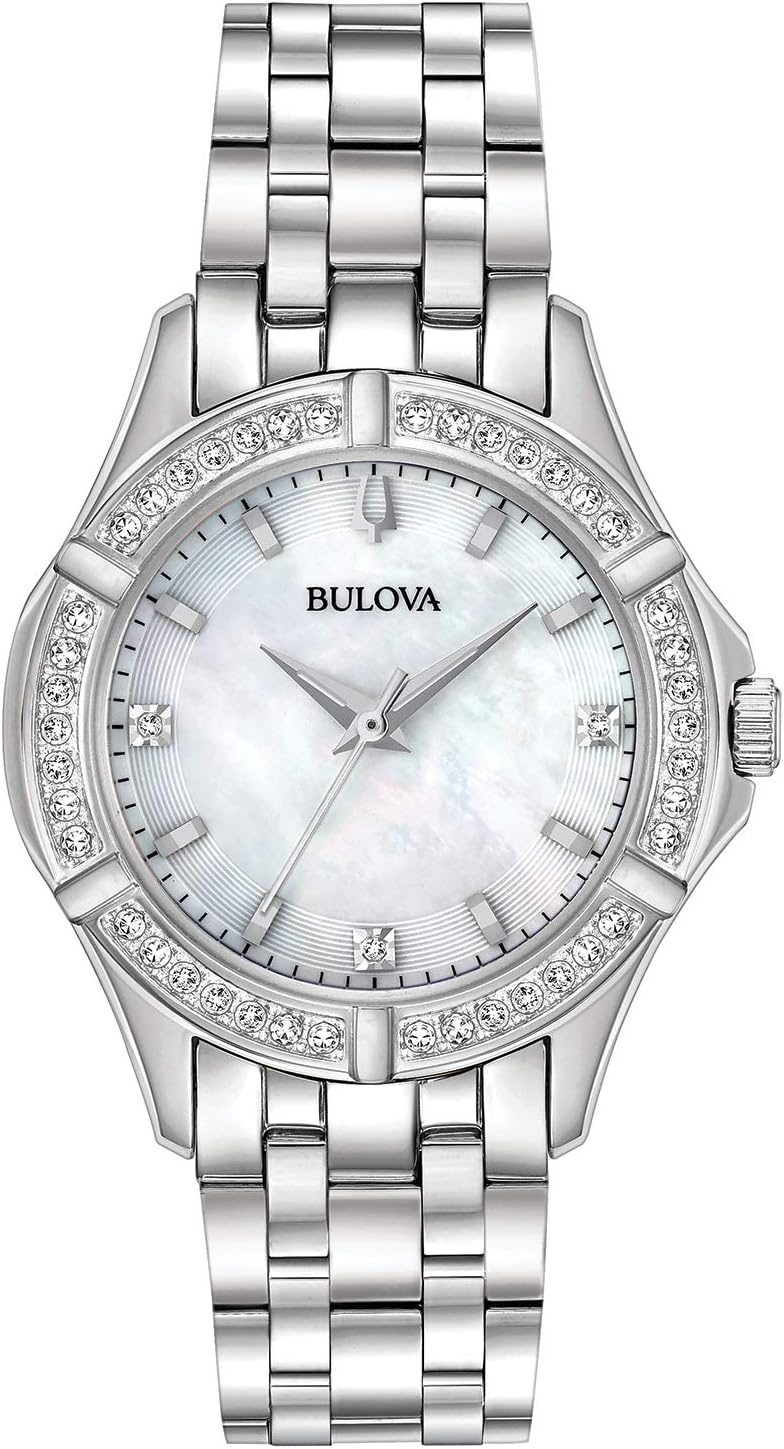 Bulova Ladies’ Classic Stainless Steel 3-Hand Quartz Watch, Diamond Dial and Bezel with White Mother-of-Pearl Dial Style: 96R233 Bulova Ladies’ Classic Stainless Steel 3-Hand Quartz Watch, Diamond Dial and Bezel with White Mother-of-Pearl Dial Style: 96R233