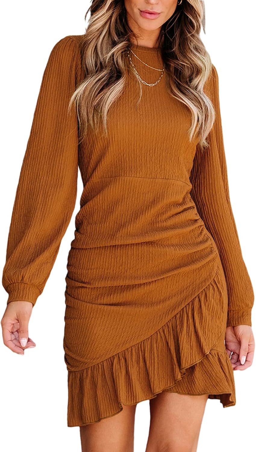 CUPSHE Women’s Knit Ruched Mini Fall Dress Smocked Ruffle Hem Crew Neck Long Sleeve Bodycon Casual Summer Autumn Dresses CUPSHE Women’s Knit Ruched Mini Fall Dress Smocked Ruffle Hem Crew Neck Long Sleeve Bodycon Casual Summer Autumn Dresses