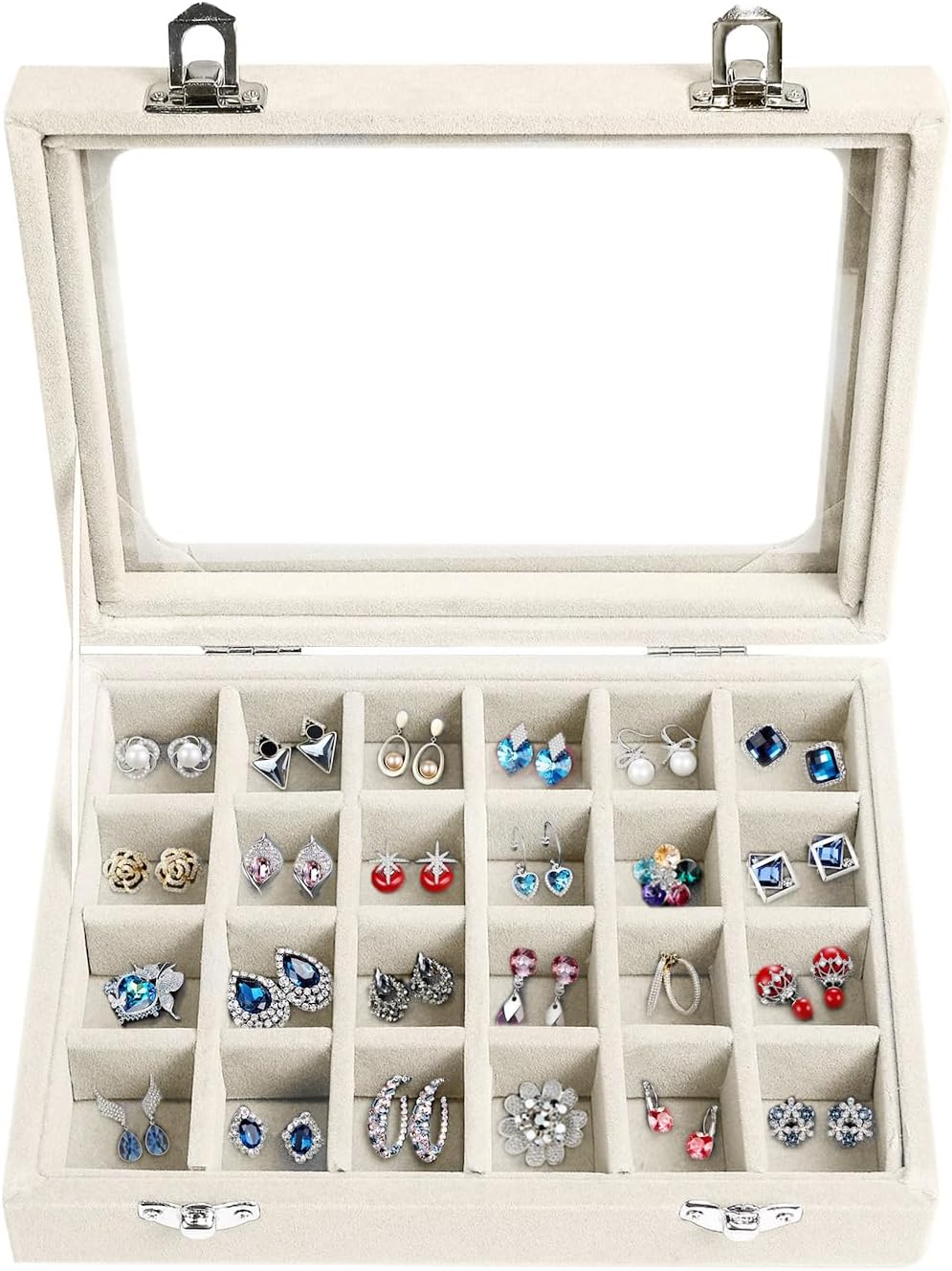 Jewelry Box 24 Grid Velvet Earrings Holder Tray Detachable Earring Ring Case Jewelry Showcase Glass Clear Lid Organizer Jewelry Display Storage Ring Trays (Beige) Jewelry Box 24 Grid Velvet Earrings Holder Tray Detachable Earring Ring Case Jewelry Showcase Glass Clear Lid Organizer Jewelry Display Storage Ring Trays (Beige)