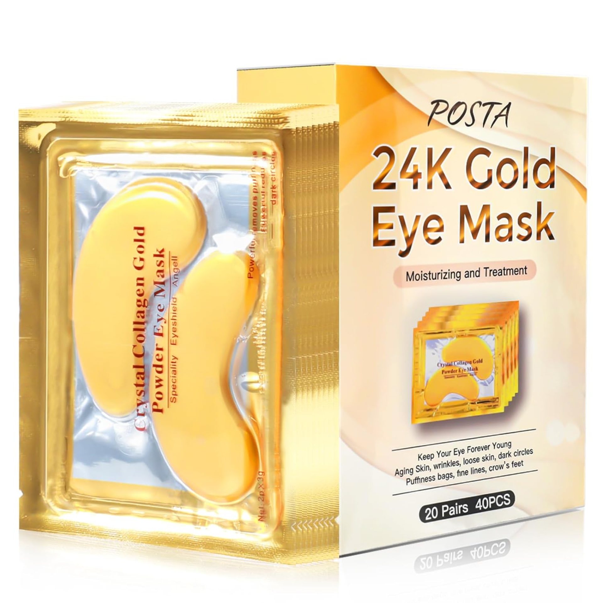 POSTA 24K Gold Eye Mask, 20 Pairs Eye Treatment Mask With Collagen, Under Eye Mask Treatment for Puffy Eyes, Dark Circles Corrector, Used for Eye Bags, Anti Aging Patches Luxury Gift for Women and Men POSTA 24K Gold Eye Mask, 20 Pairs Eye Treatment Mask With Collagen, Under Eye Mask Treatment for Puffy Eyes, Dark Circles Corrector, Used for Eye Bags, Anti Aging Patches Luxury Gift for Women and Men