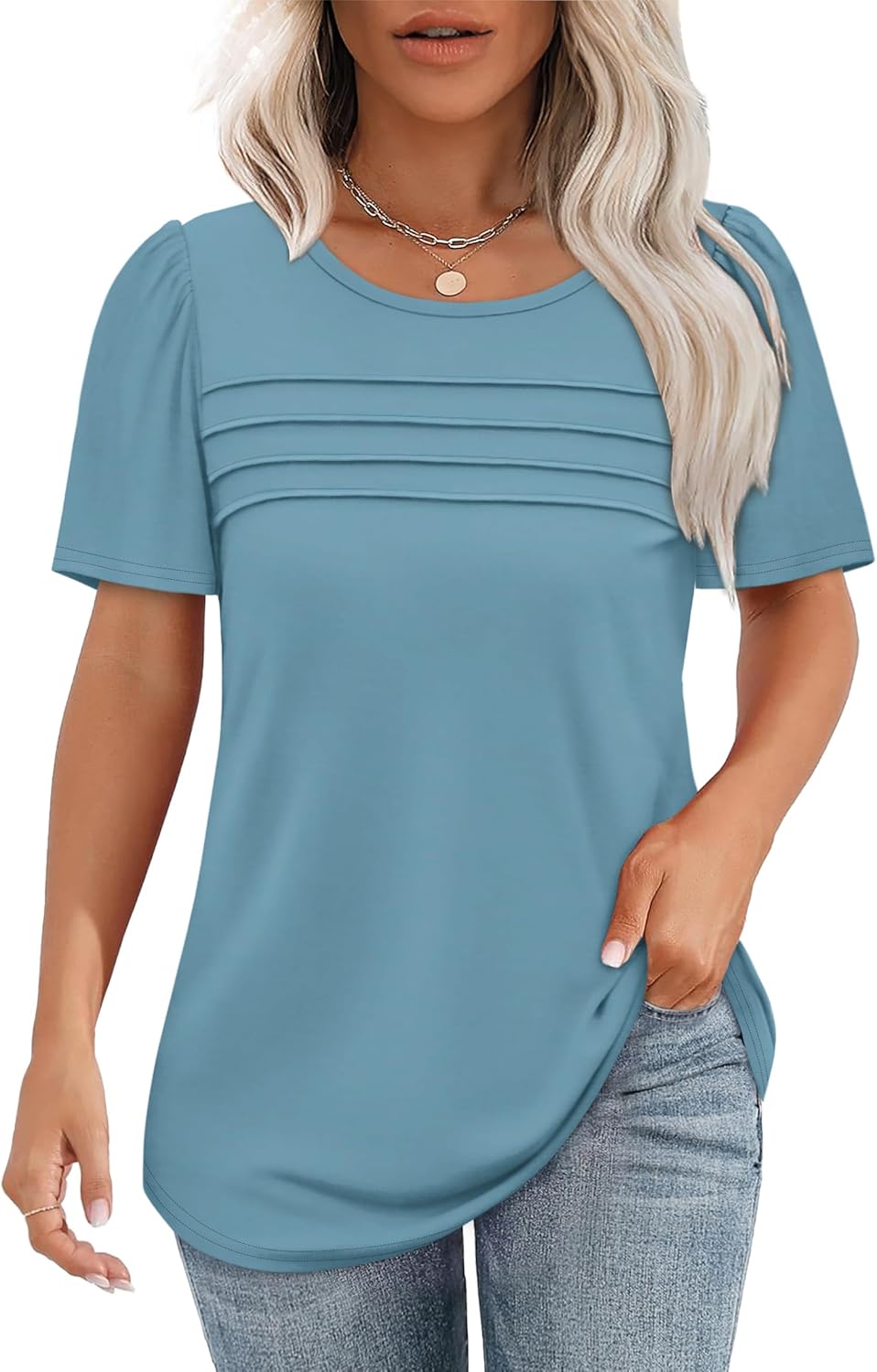 OFEEFAN Womens T Shirts Short Sleeve Tops Dressy Casual Blouses Spring Summer Outfits Flowy Pleated Front Scooped Neck OFEEFAN Womens T Shirts Short Sleeve Tops Dressy Casual Blouses Spring Summer Outfits Flowy Pleated Front Scooped Neck