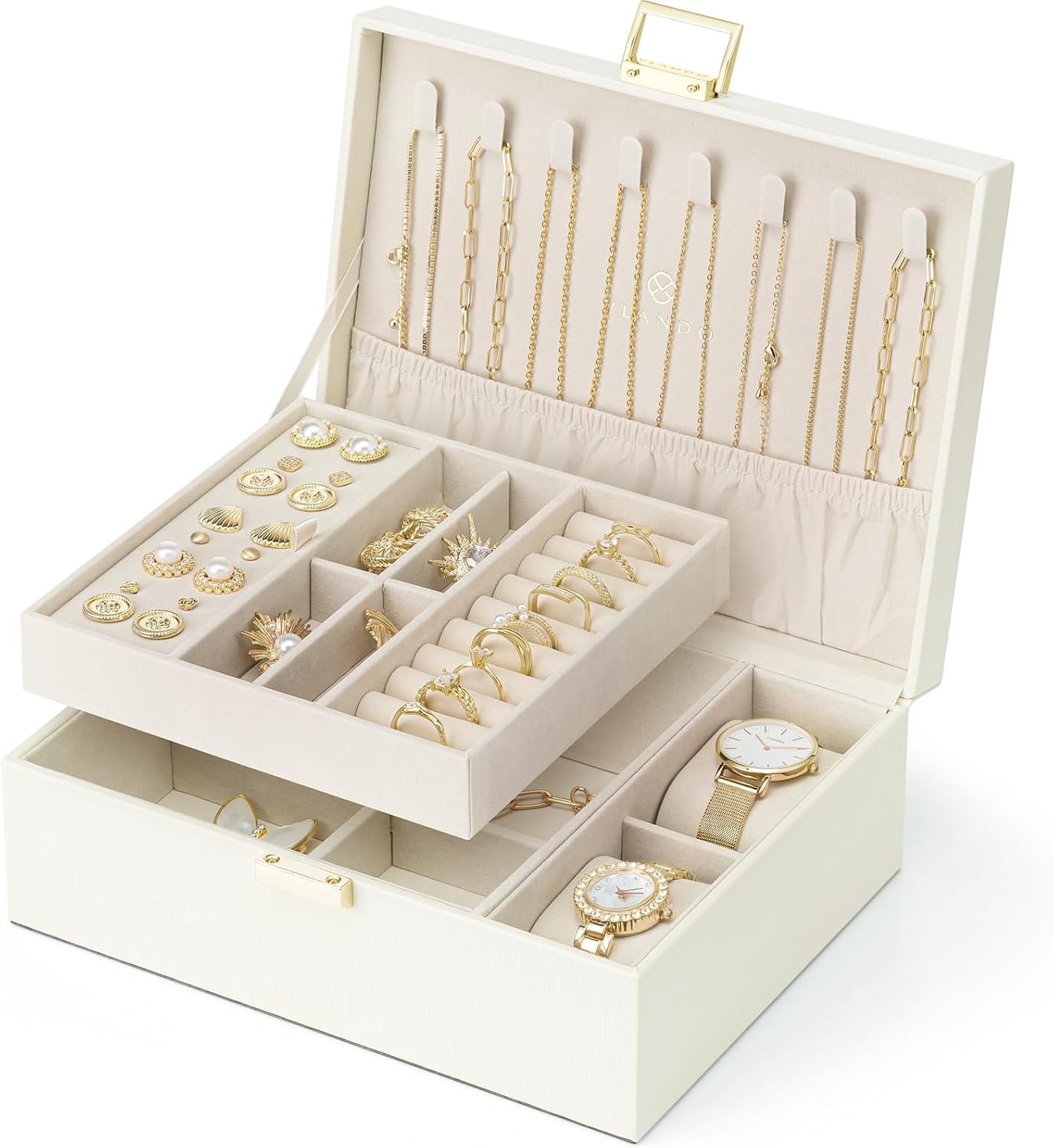 Vlando 2 Layer Jewelry Box Large Jewelry Organizer for Women Removable Jewelery Tray with Watch Pillow for Necklace Earrings Rings Bracelets Jewelry Boxes for Birthday Wedding Gifts (Cream White) Vlando 2 Layer Jewelry Box Large Jewelry Organizer for Women Removable Jewelery Tray with Watch Pillow for Necklace Earrings Rings Bracelets Jewelry Boxes for Birthday Wedding Gifts (Cream White)