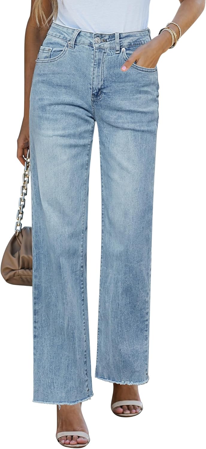 GRAPENT Straight Leg Jeans for Women High Waisted Stretchy Frayed Raw Hem Loose Denim Pants Casual Baggy Jean Trousers GRAPENT Straight Leg Jeans for Women High Waisted Stretchy Frayed Raw Hem Loose Denim Pants Casual Baggy Jean Trousers