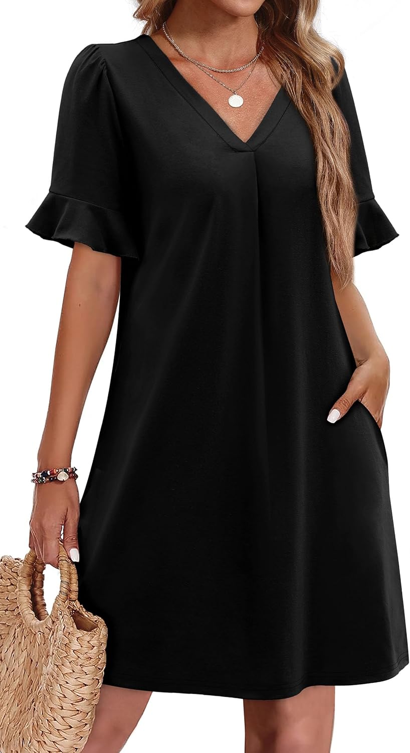 OFEEFAN Summer Dresses for Women Ruffle Short Sleeve V Neck Casual Shift Dress with Pockets OFEEFAN Summer Dresses for Women Ruffle Short Sleeve V Neck Casual Shift Dress with Pockets
