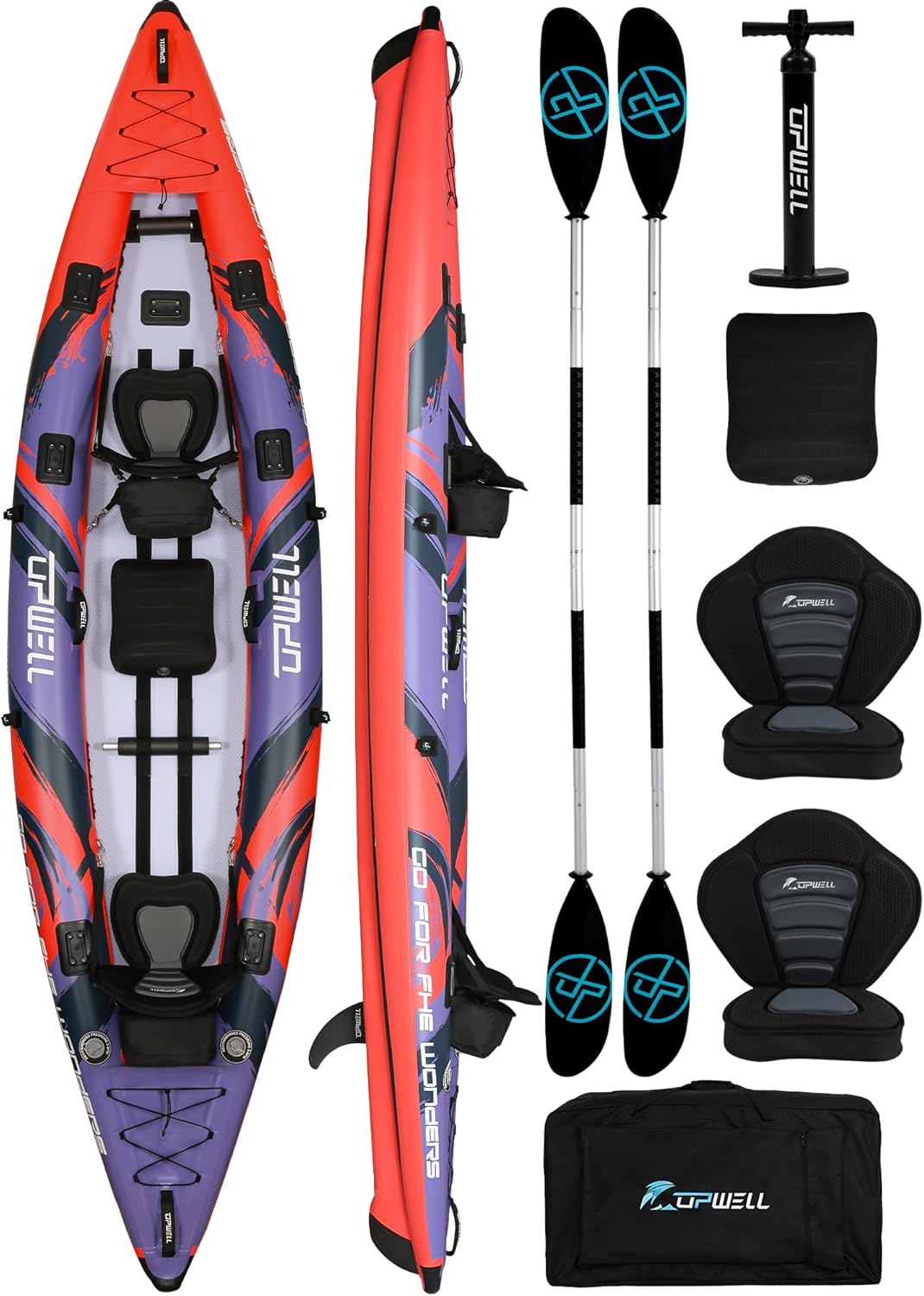 UPWELL 11’/14’6”Inflatable Kayak with Drop Stitch Floor and Accessories Including Kayak Seat with Thickened Cushion, Paddle, Fin, Repair Kits, Carry Bag and Hand Pump UPWELL 11’/14’6”Inflatable Kayak with Drop Stitch Floor and Accessories Including Kayak Seat with Thickened Cushion, Paddle, Fin, Repair Kits, Carry Bag and Hand Pump