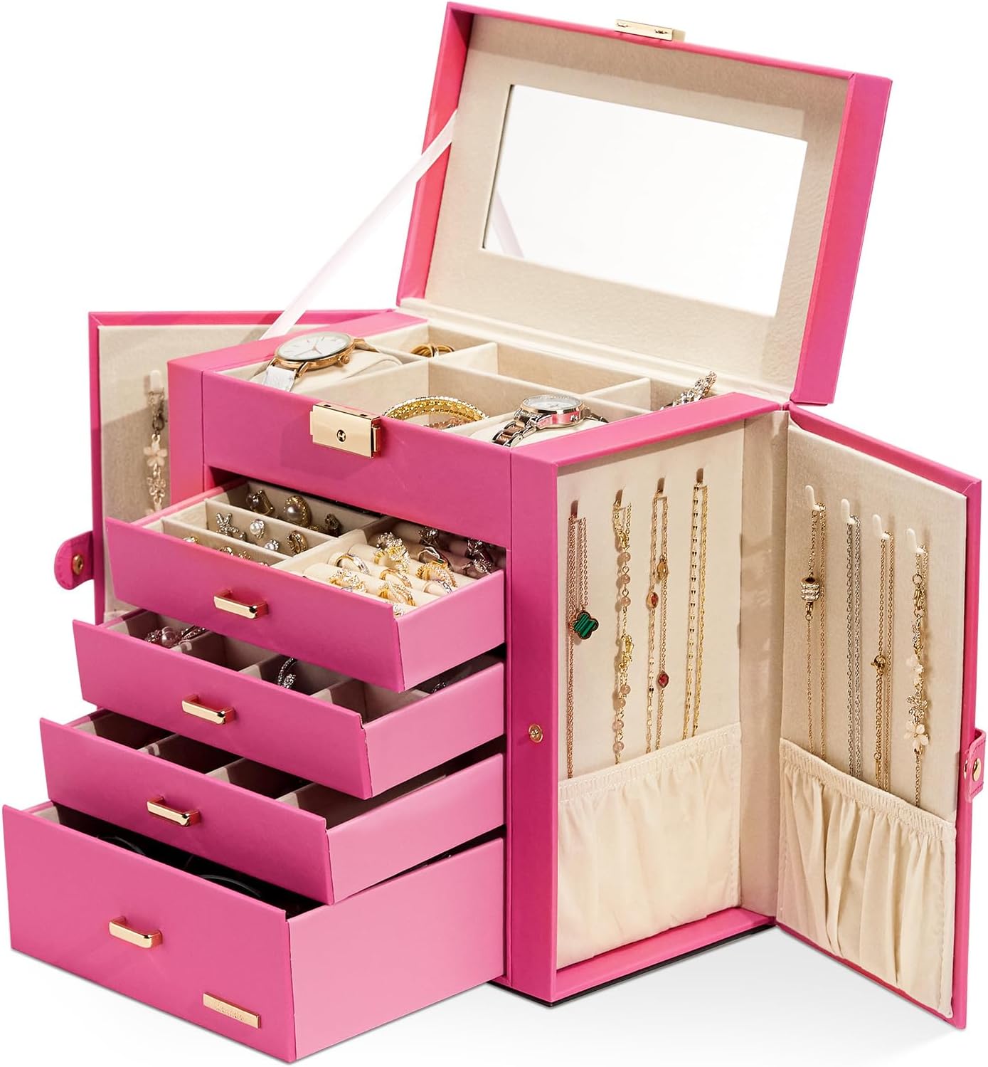 Homde Synthetic Leather Huge Jewelry Box Mirrored Watch Organizer Necklace Ring Earring Storage Lockable Gift Case (Pink + Gold) Homde Synthetic Leather Huge Jewelry Box Mirrored Watch Organizer Necklace Ring Earring Storage Lockable Gift Case (Pink + Gold)