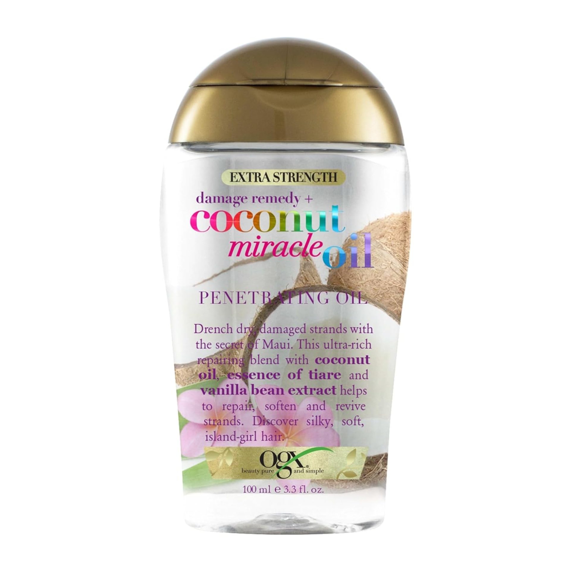 OGX Extra Strength Damage Remedy + Coconut Miracle Oil Penetrating Hair Oil Treatment, Extra Hydrating Anti-Frizz Oil for Coarse, Dry Hair, Paraben-Free, Sulfated-Surfactants Free, 3.3 oz OGX Extra Strength Damage Remedy + Coconut Miracle Oil Penetrating Hair Oil Treatment, Extra Hydrating Anti-Frizz Oil for Coarse, Dry Hair, Paraben-Free, Sulfated-Surfactants Free, 3.3 oz