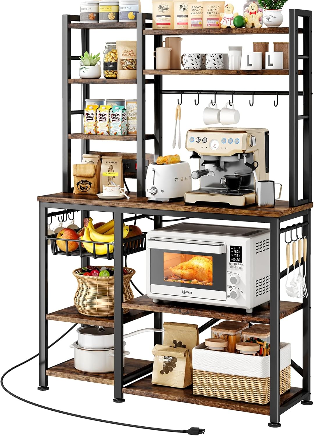 Baker Rack with Power Outlet – Microwave Stand with Storage, Large Coffee Bar Station with 14 Hooks, Metal Kitchen Shelf Rack for Spices, Pots, Rustic Brown and Black Baker Rack with Power Outlet – Microwave Stand with Storage, Large Coffee Bar Station with 14 Hooks, Metal Kitchen Shelf Rack for Spices, Pots, Rustic Brown and Black