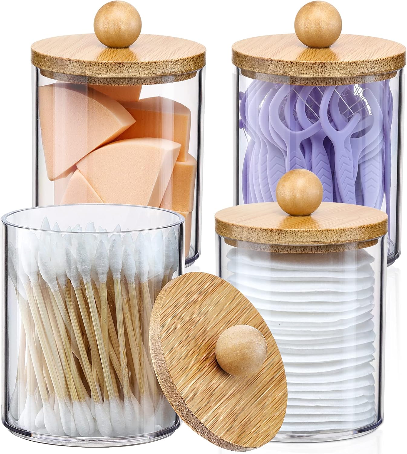 4 Pack Qtip Holder Dispenser with Bamboo Lids – 10 oz Clear Plastic Apothecary Jar Containers for Vanity Makeup Organizer Storage – Bathroom Accessories Set for Cotton Swab, Ball, Pads, Floss 4 Pack Qtip Holder Dispenser with Bamboo Lids – 10 oz Clear Plastic Apothecary Jar Containers for Vanity Makeup Organizer Storage – Bathroom Accessories Set for Cotton Swab, Ball, Pads, Floss