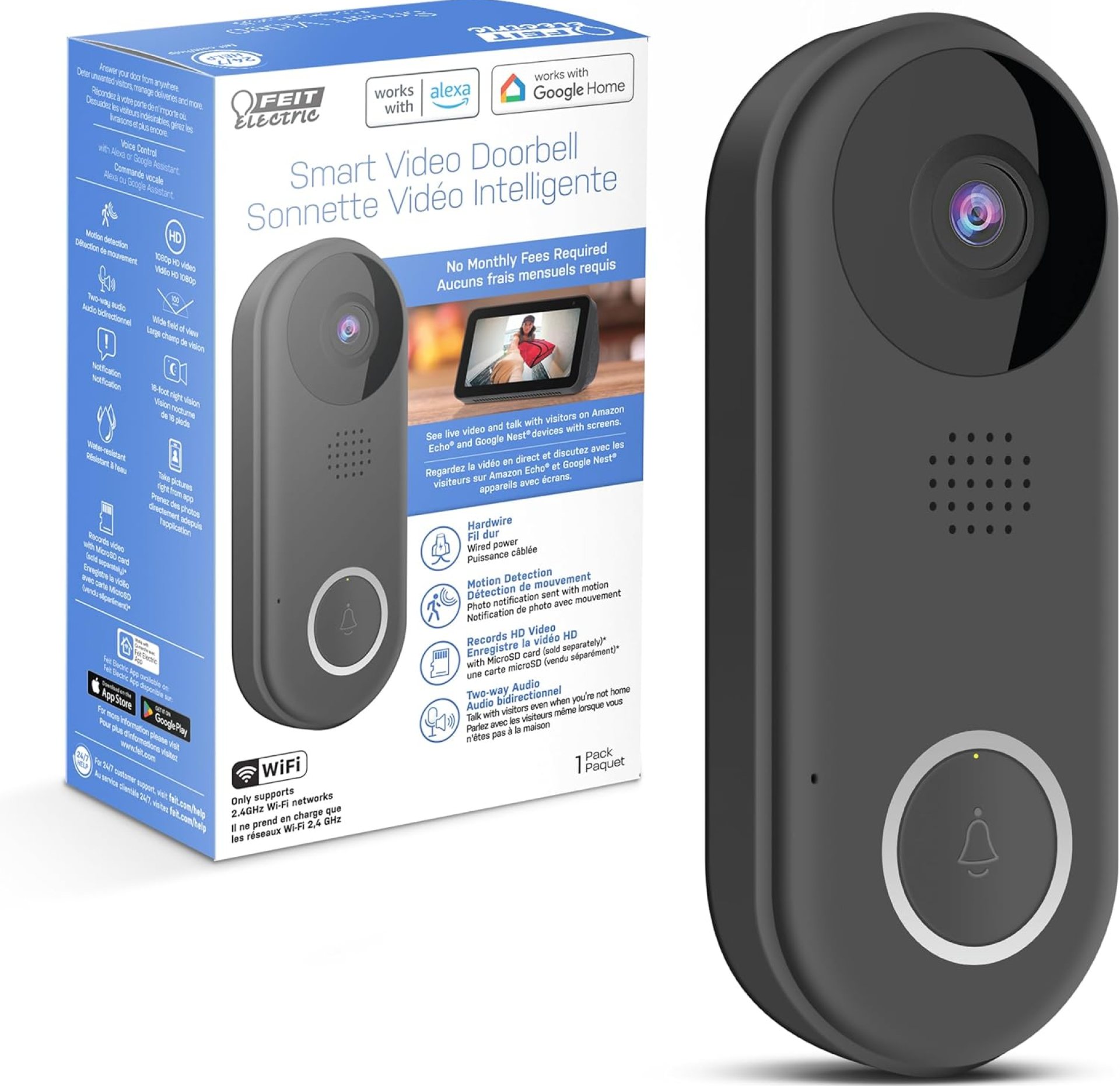 Feit Electric Doorbell Camera, 2.4 GHz WiFi, No Hub, Two-Way Audio, Motion Detection, Night Vision, 1080p HD, Micro SD Card Storage, Wireless Chime Included, Hardwired, CAM/Door/WiFi Feit Electric Doorbell Camera, 2.4 GHz WiFi, No Hub, Two-Way Audio, Motion Detection, Night Vision, 1080p HD, Micro SD Card Storage, Wireless Chime Included, Hardwired, CAM/Door/WiFi