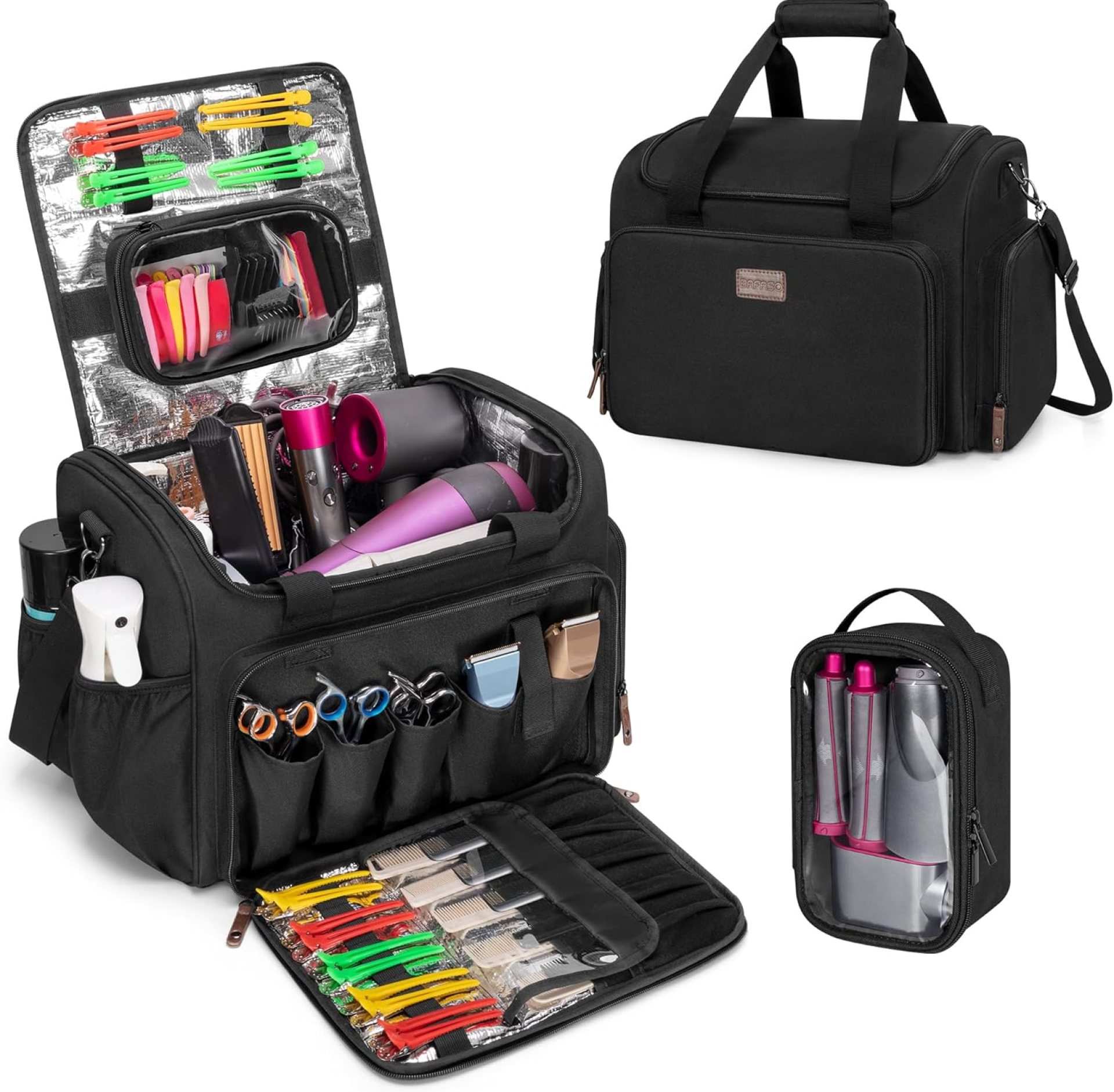 BAFASO Large Insulated Barber Case with a Semi Detachable Divider and 2 Removable Pouches, Hairstylist Traveling Bag Holds Various Hair Cutting Tools, Black BAFASO Large Insulated Barber Case with a Semi Detachable Divider and 2 Removable Pouches, Hairstylist Traveling Bag Holds Various Hair Cutting Tools, Black