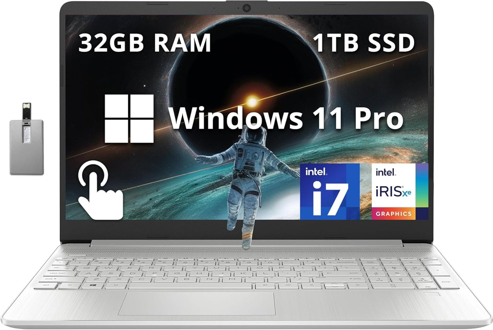 HP 15.6″ FHD Touchscreen Business Laptop, Intel i7-1255U, 32GB RAM, 1TB PCIe SSD, Intel Iris Xe Graphics, Num Pad, Webcam, Windows 11 Pro, Natural Silver, 32GB Hotface USB Card HP 15.6″ FHD Touchscreen Business Laptop, Intel i7-1255U, 32GB RAM, 1TB PCIe SSD, Intel Iris Xe Graphics, Num Pad, Webcam, Windows 11 Pro, Natural Silver, 32GB Hotface USB Card