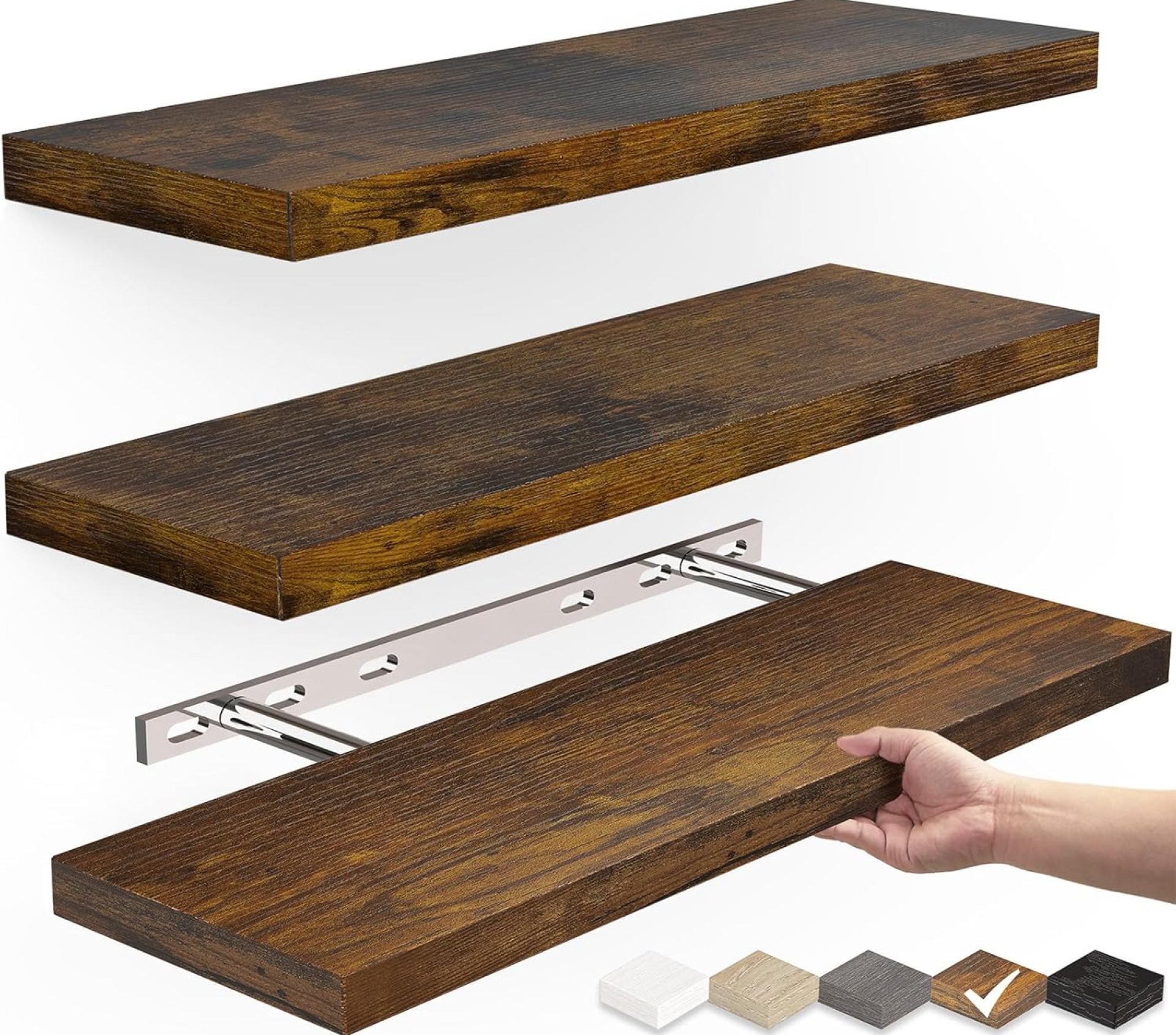 BAYKA Floating Wood Shelves – Wall Mounted for Bathroom,Bedroom,Living Room,Kitchen,Small Hanging Shelf for Books/Storage/Room Decor with 22lbs Capacity(Rustic Brown,Set of 3,15.7inch) BAYKA Floating Wood Shelves – Wall Mounted for Bathroom,Bedroom,Living Room,Kitchen,Small Hanging Shelf for Books/Storage/Room Decor with 22lbs Capacity(Rustic Brown,Set of 3,15.7inch)