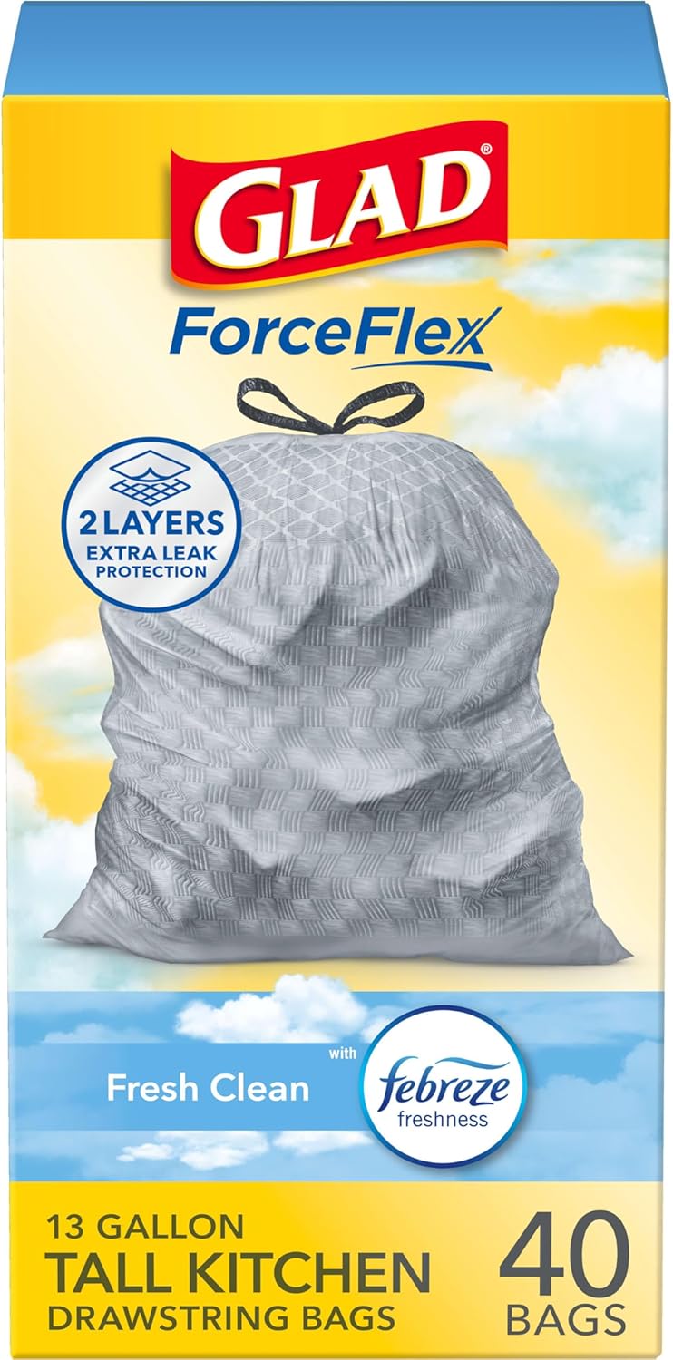 Glad ForceFlex Tall Kitchen Trash Bags, 13 Gallon, Gain Fresh Clean, 40 Count (Package May Vary) Glad ForceFlex Tall Kitchen Trash Bags, 13 Gallon, Gain Fresh Clean, 40 Count (Package May Vary)
