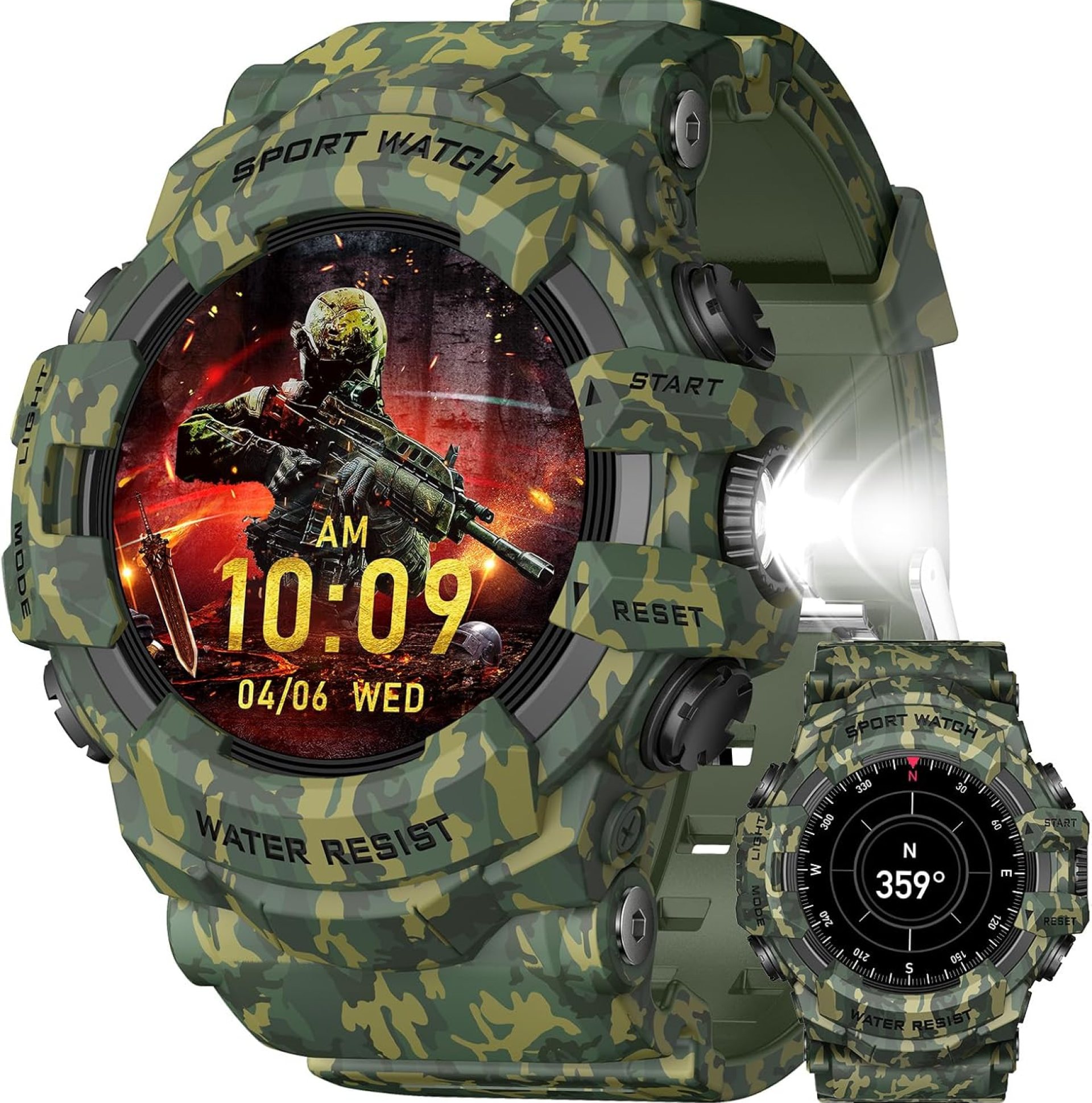 MIDDOW Military Smart Watch with Flashlight (Answer/Make Call) Compass, Heart Rate/Sleep/Sports Tracker, IP68 Waterproof, Long Battery Life, HD Screen, Android & iOS (Camouflage Green) MIDDOW Military Smart Watch with Flashlight (Answer/Make Call) Compass, Heart Rate/Sleep/Sports Tracker, IP68 Waterproof, Long Battery Life, HD Screen, Android & iOS (Camouflage Green)