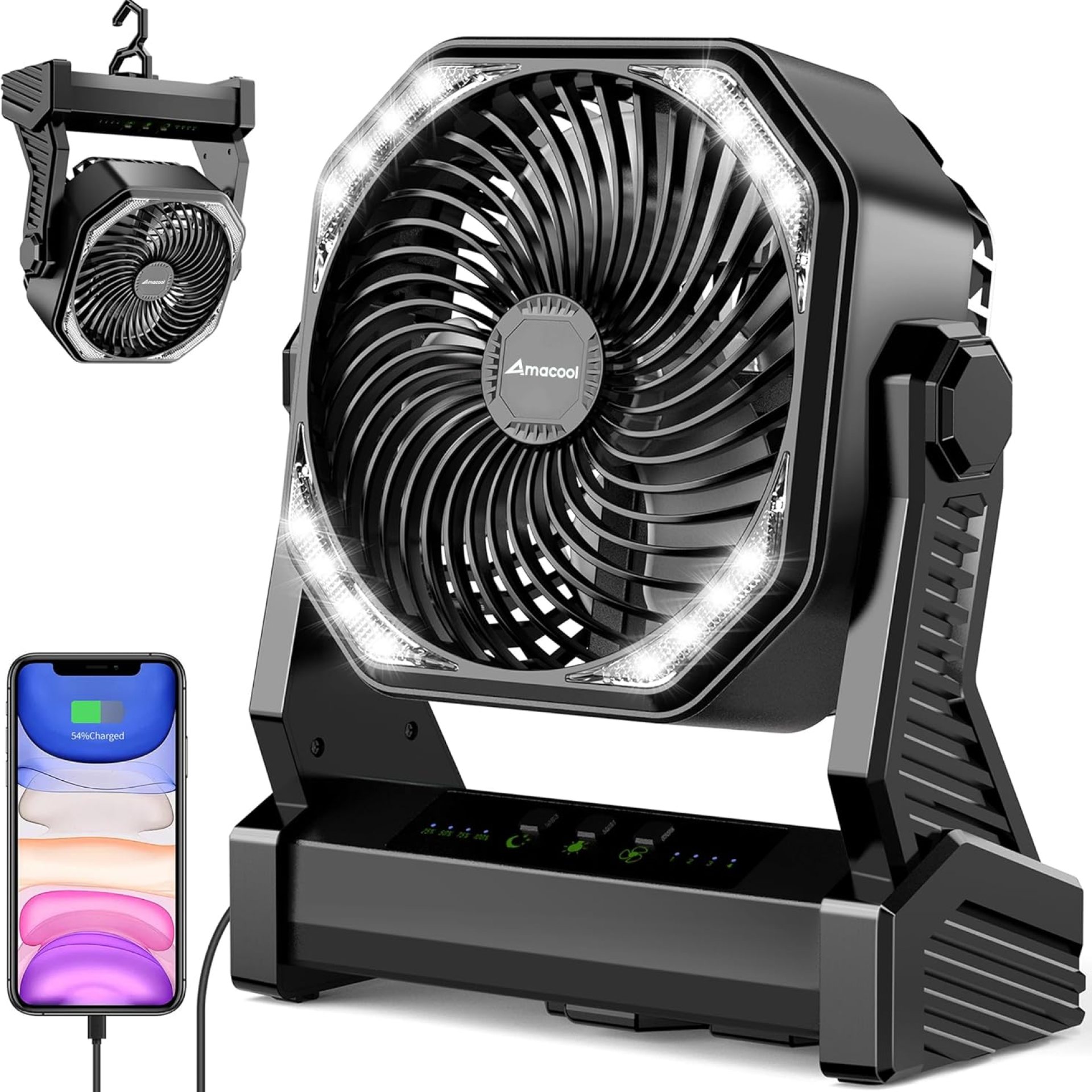 Battery Operated Camping Fan, 20000mAh Rechargeable Portable Fan, 4 Speed Outdoor Fan with LED Light and Hook for Tent Car Travel Jobsite Fishing Outdoor Hurricane Power Outage Battery Operated Camping Fan, 20000mAh Rechargeable Portable Fan, 4 Speed Outdoor Fan with LED Light and Hook for Tent Car Travel Jobsite Fishing Outdoor Hurricane Power Outage