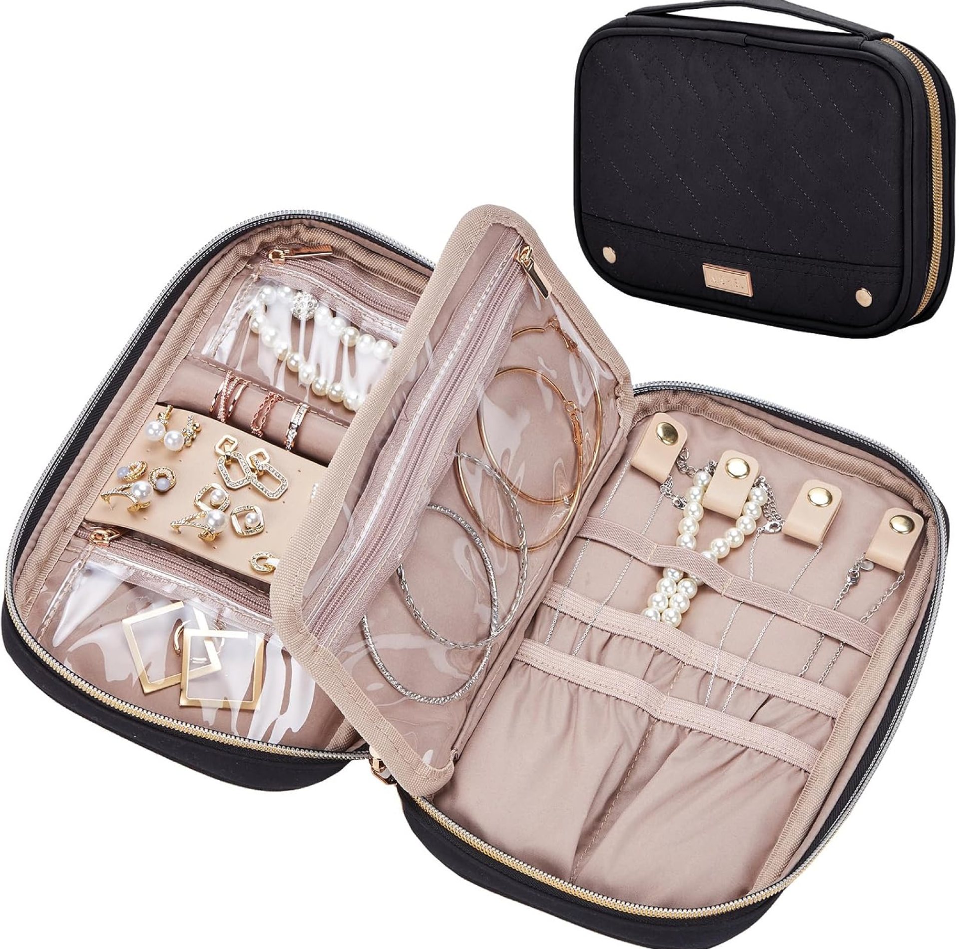 NISHEL Travel Jewelry Case, Holiday Organizer for Necklaces, Earrings, Rings, Bracelets, Watch, Black NISHEL Travel Jewelry Case, Holiday Organizer for Necklaces, Earrings, Rings, Bracelets, Watch, Black