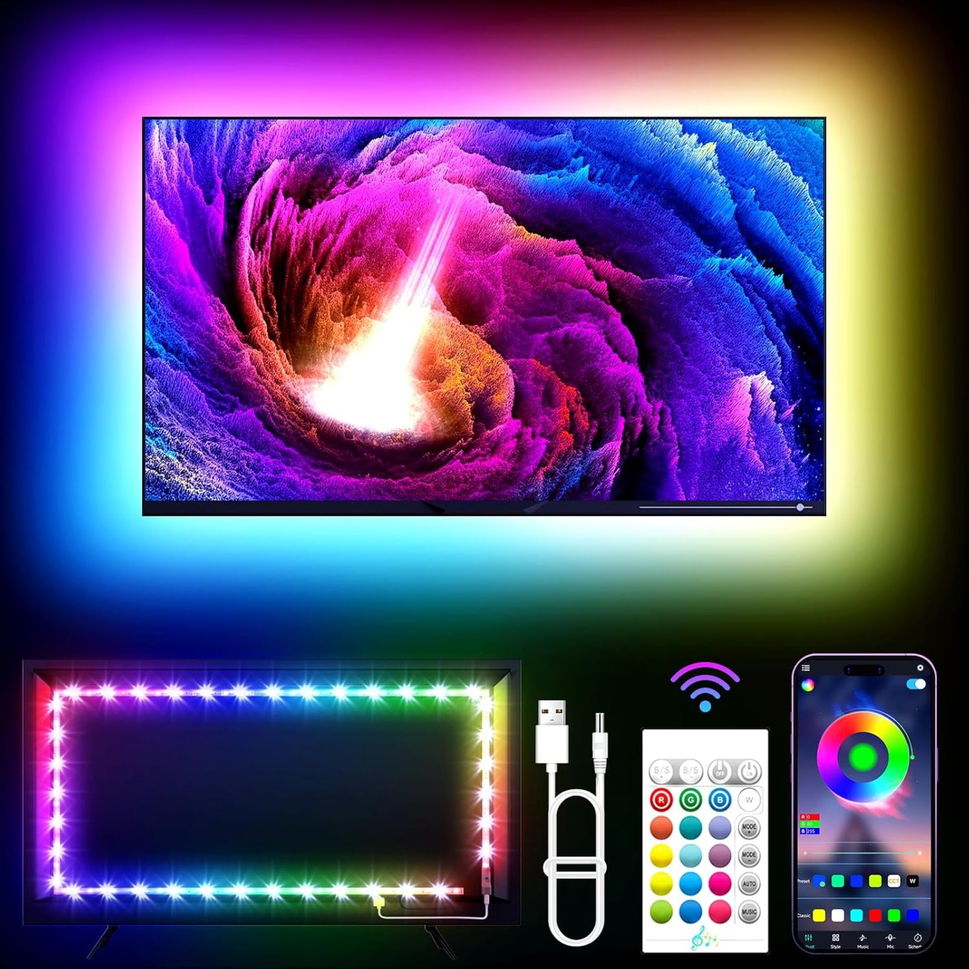 TV LED Lights, 11.5ft LED Lights for 32-55 Inch TV, RGB TV Backlight Behind with Remote, Music Sync Bluetooth APP Control Strip Lights USB Powered for Bedroom, PC, Gaming Monitor TV LED Lights, 11.5ft LED Lights for 32-55 Inch TV, RGB TV Backlight Behind with Remote, Music Sync Bluetooth APP Control Strip Lights USB Powered for Bedroom, PC, Gaming Monitor