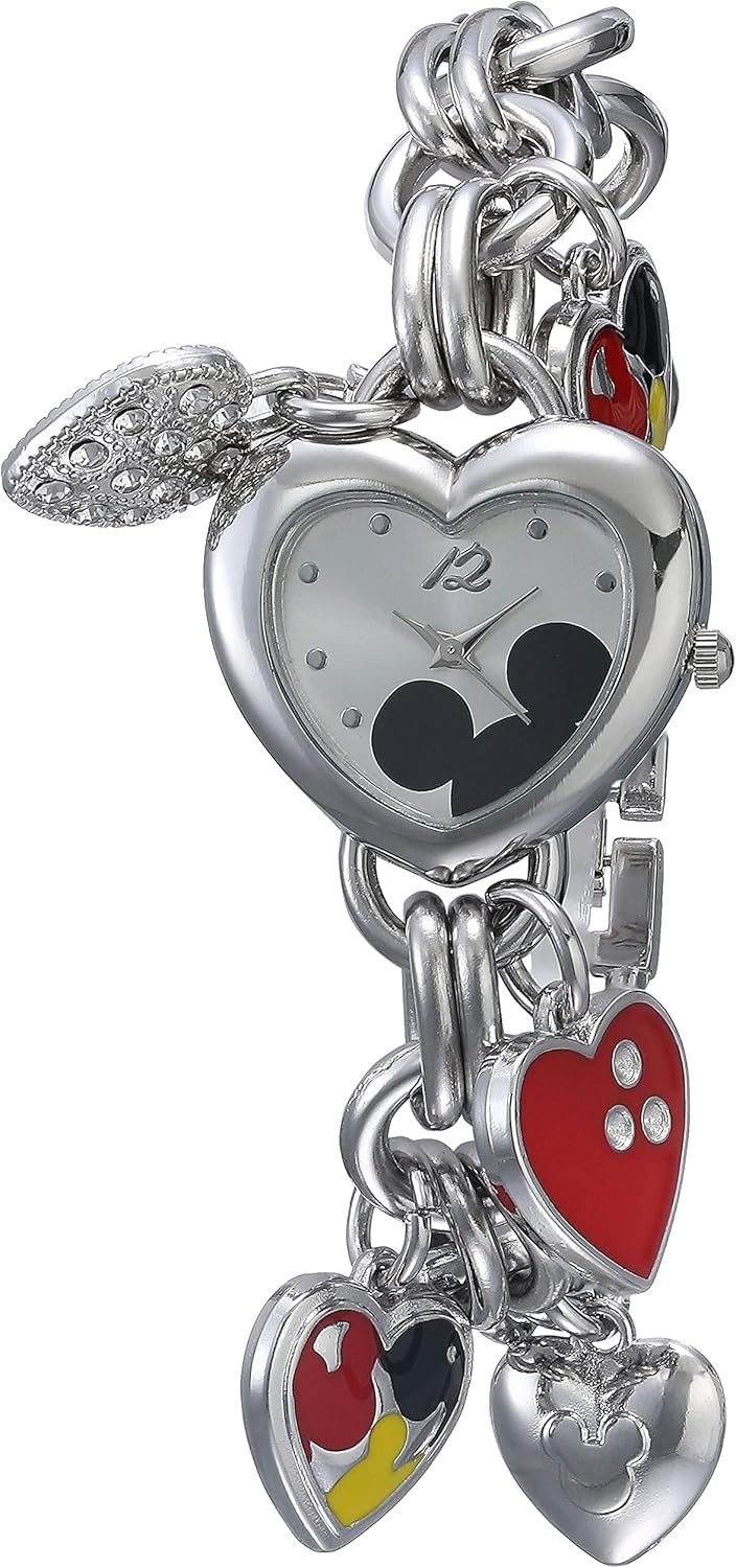 Accutime Disney Mickey Mouse Charm Bracelet Watch -Silver-Tone Heart Design Quartz Timepiece for Girls & Women Accutime Disney Mickey Mouse Charm Bracelet Watch -Silver-Tone Heart Design Quartz Timepiece for Girls & Women
