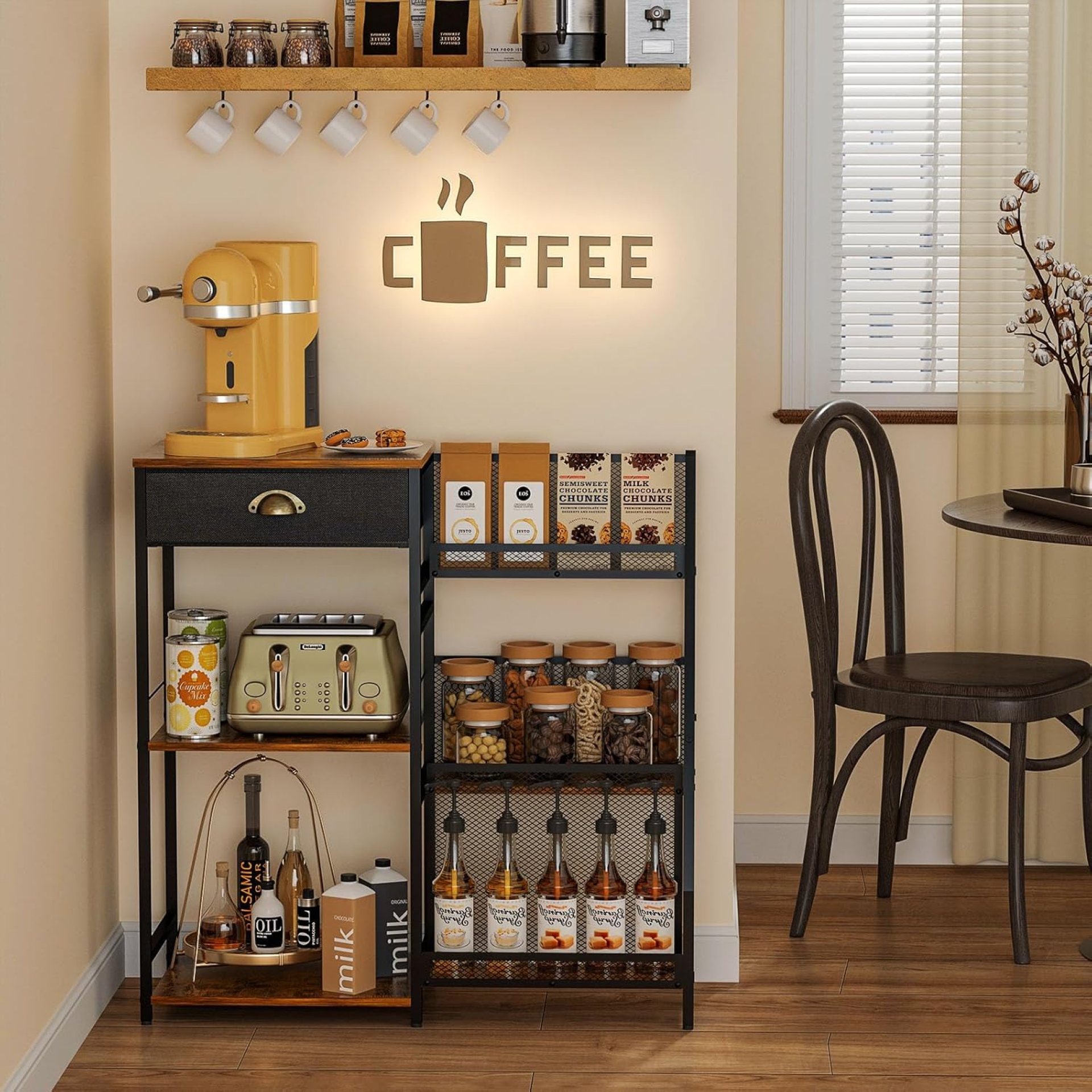 Coffee Bar Cabinet, Coffee Stand Station with Drawer for Coffee Accessories Syrup Dispenser, 3-Tier Farmhouse Coffee Table with Fence for Living Room, Corner, Kitchen, and Small Space(Rustic Brown) Coffee Bar Cabinet, Coffee Stand Station with Drawer for Coffee Accessories Syrup Dispenser, 3-Tier Farmhouse Coffee Table with Fence for Living Room, Corner, Kitchen, and Small Space(Rustic Brown)