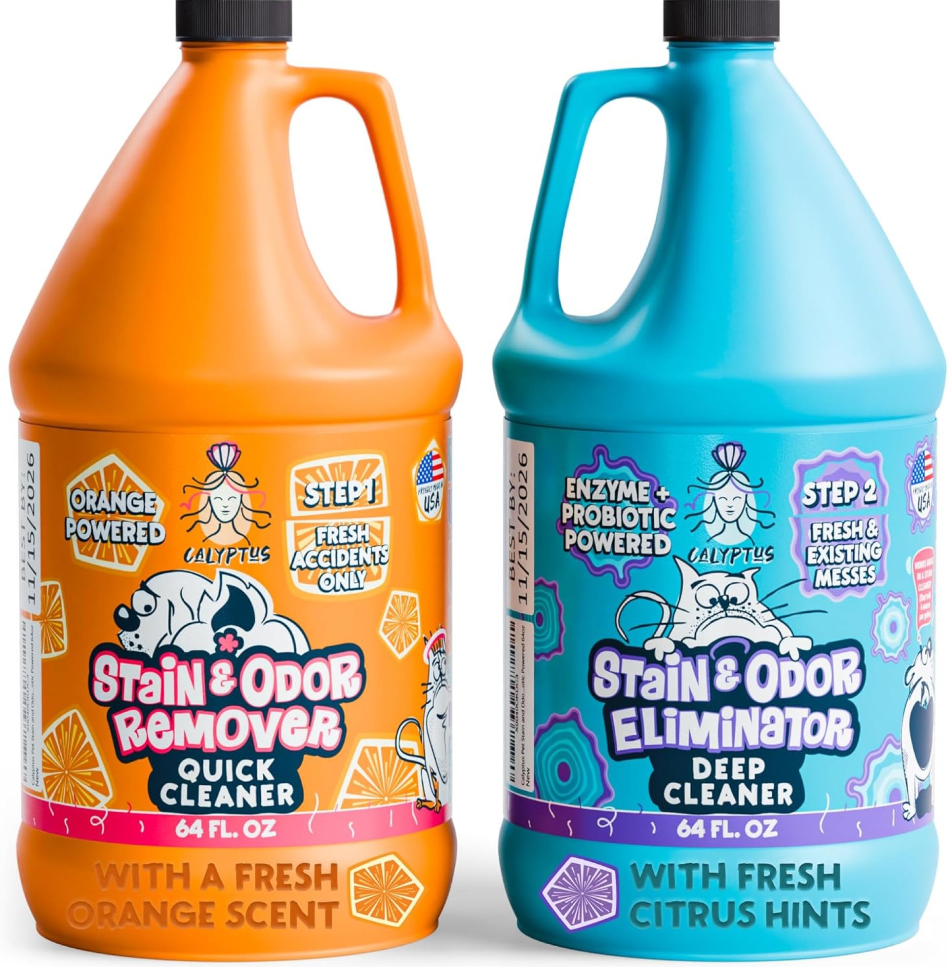 Calyptus Pet Stain and Odor Remover | Orange and Enzyme Cleaner Duo Solution for Pets | 128oz (64oz x 2 Bottles) | Carpet Cleaner and Odor Eliminator for Cat Urine, Dog Pee, and Poop | Pro Strength Calyptus Pet Stain and Odor Remover | Orange and Enzyme Cleaner Duo Solution for Pets | 128oz (64oz x 2 Bottles) | Carpet Cleaner and Odor Eliminator for Cat Urine, Dog Pee, and Poop | Pro Strength