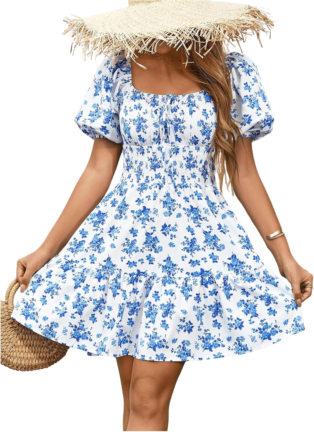 Floerns Women’s Boho Square Neck Puff Short Sleeve Self Tie Front A Line Dress Floerns Women’s Boho Square Neck Puff Short Sleeve Self Tie Front A Line Dress