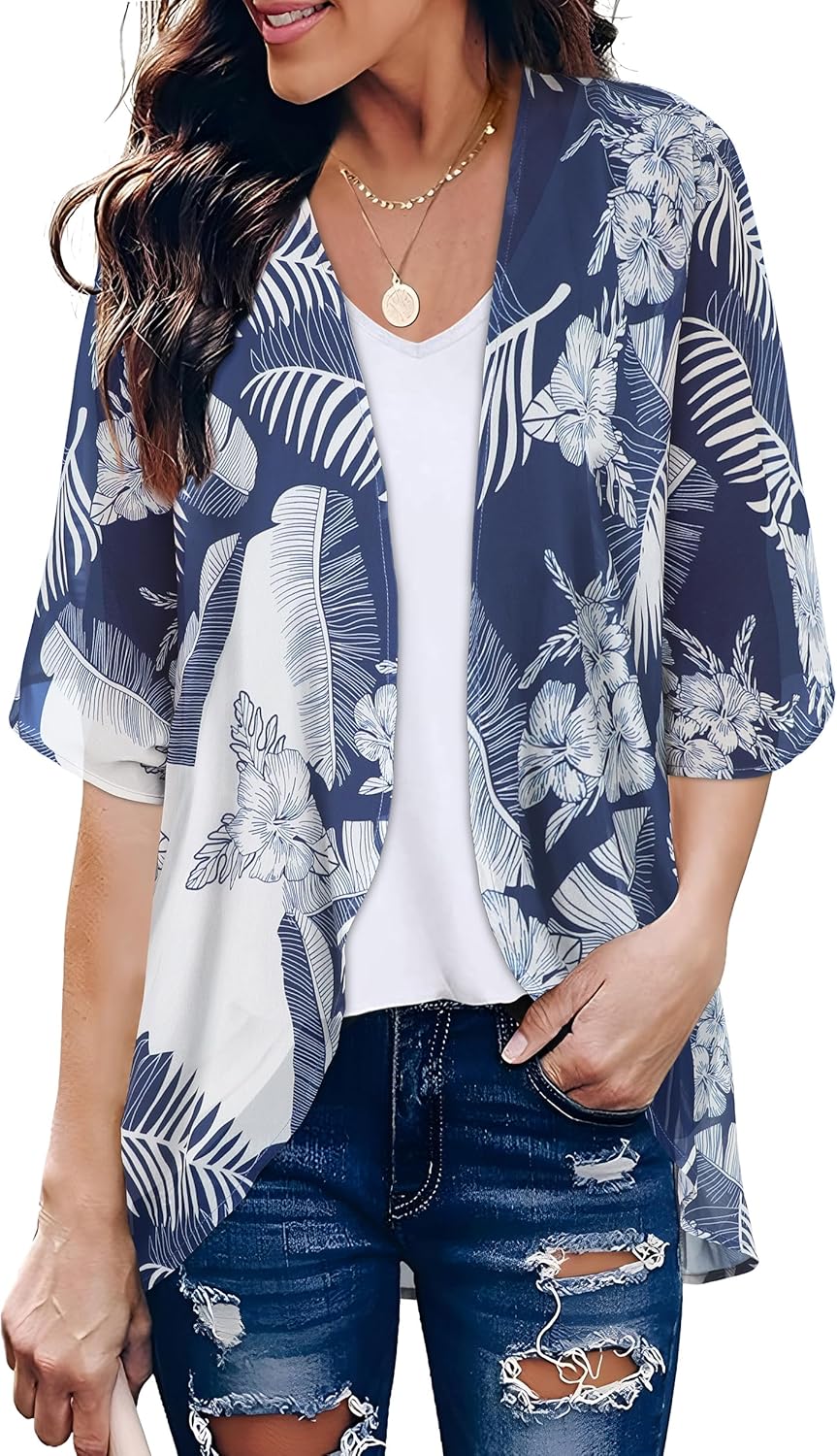 Women’s Floral Print Puff Sleeve Kimono Cardigan Loose Cover Up Casual Blouse Tops Women’s Floral Print Puff Sleeve Kimono Cardigan Loose Cover Up Casual Blouse Tops