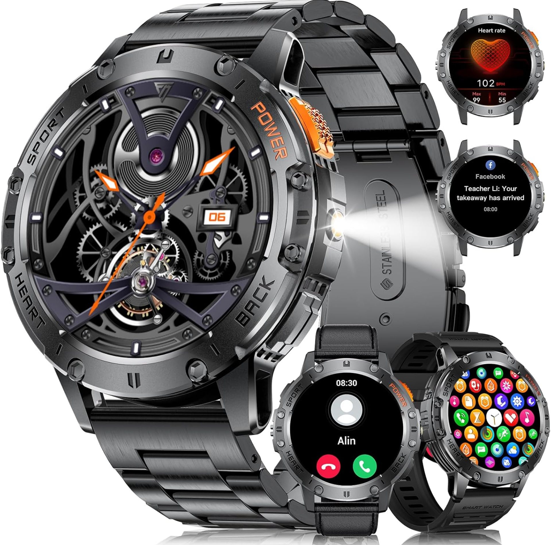 Military Smart Watches for Men(Answer/Make Calls) with LED Flashlight,530mAh Large Battery,1.43’’ AMOLED Heart Rate/Sleep Monitor 5ATM Waterproof Smartwatch for Android iOS,100+Sport Modes,3 Straps Military Smart Watches for Men(Answer/Make Calls) with LED Flashlight,530mAh Large Battery,1.43’’ AMOLED Heart Rate/Sleep Monitor 5ATM Waterproof Smartwatch for Android iOS,100+Sport Modes,3 Straps