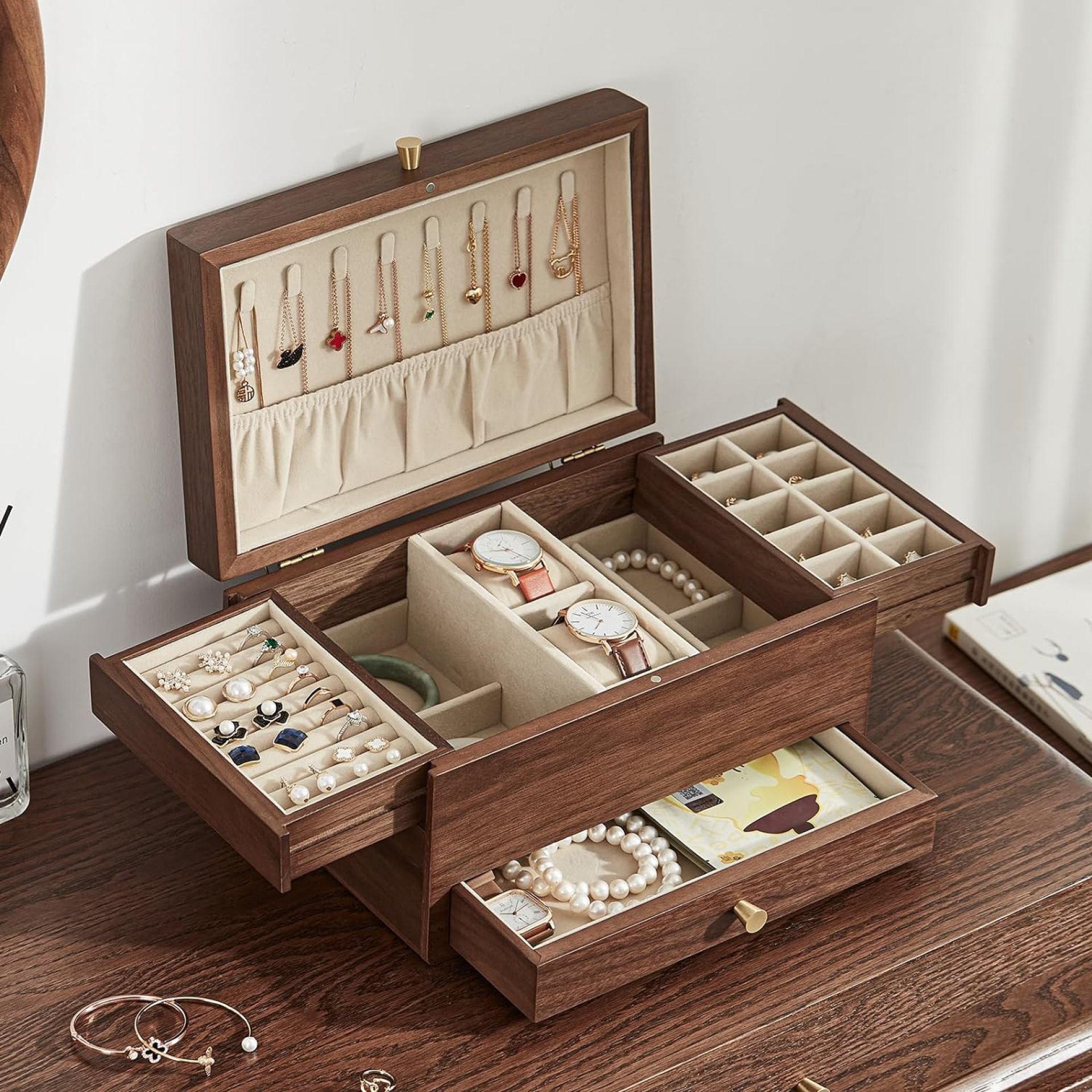 CHOSIN Black Walnut Wooden Jewelry Box for Women, 3 Level Multi-functional Drawer Organizer Box Watch Necklace Ring Earring Storage Gifts CHOSIN Black Walnut Wooden Jewelry Box for Women, 3 Level Multi-functional Drawer Organizer Box Watch Necklace Ring Earring Storage Gifts