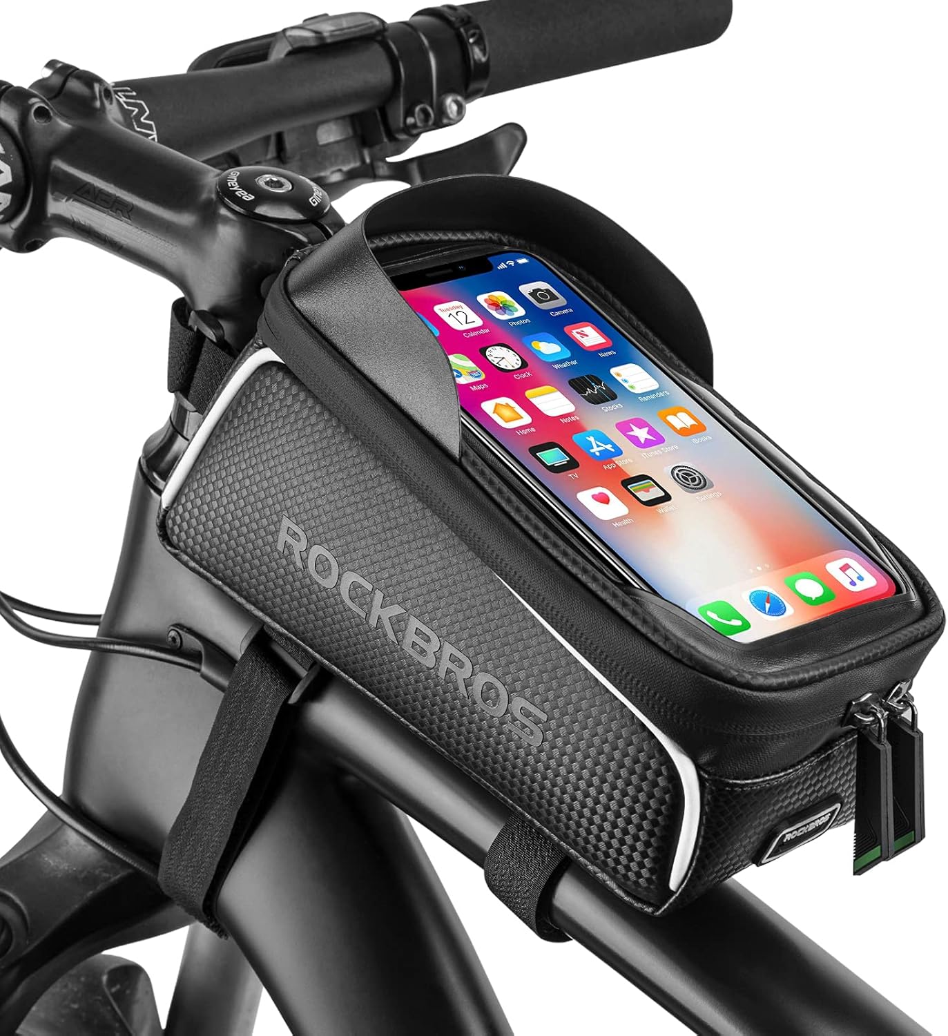 ROCKBROS Bike/Bicycle Phone Front Frame Bag, Waterproof, Tube Bag,Cycling Pouch, Bike Accessories for Men Compatible Phone Under 6.5” ROCKBROS Bike/Bicycle Phone Front Frame Bag, Waterproof, Tube Bag,Cycling Pouch, Bike Accessories for Men Compatible Phone Under 6.5”
