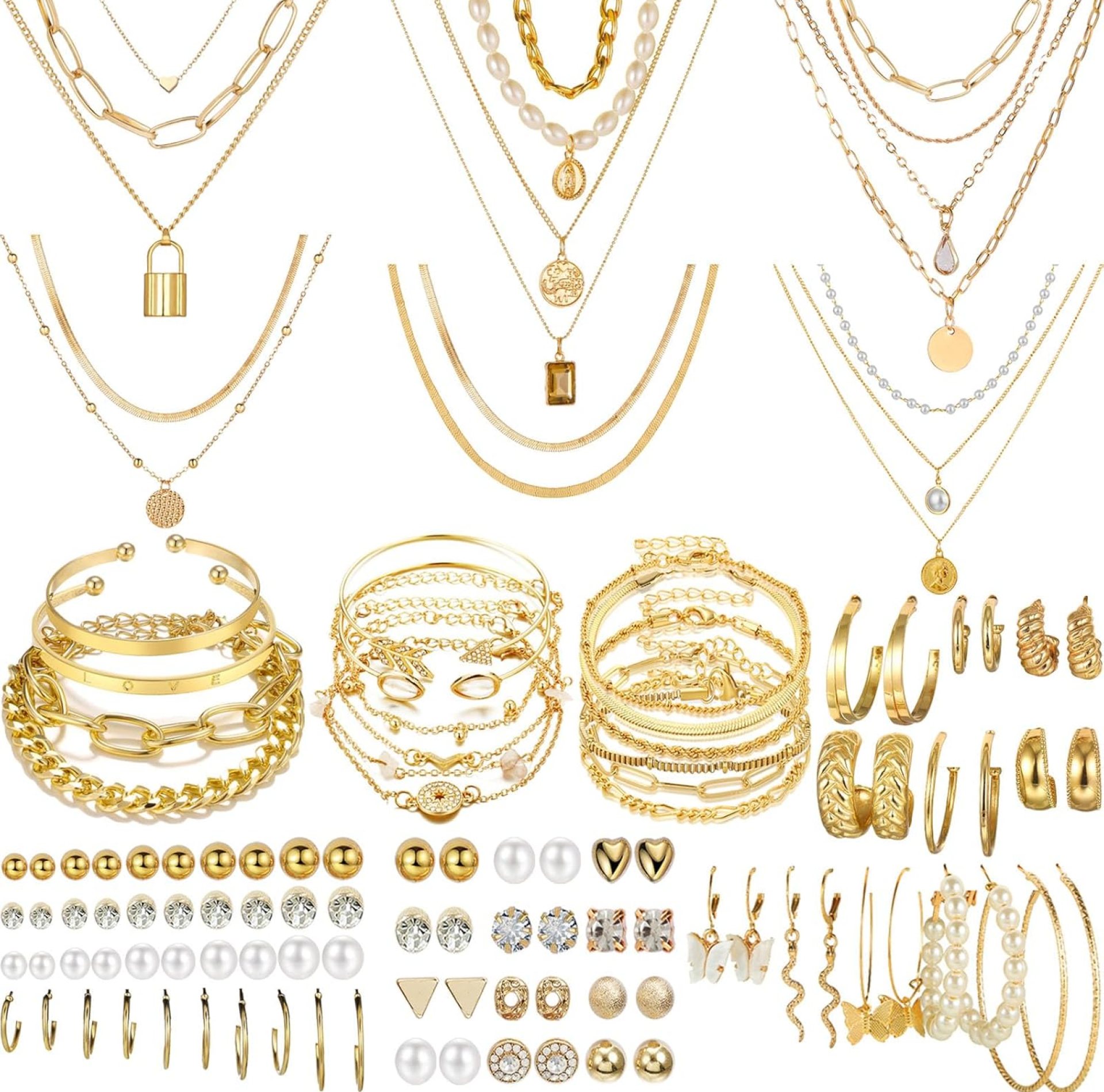NEWITIN 69 Pieces Gold Jewelry Set for Women Fashion Costume Jewelry Gold Plated Necklace Bracelet Gold Earrings Set for Women NEWITIN 69 Pieces Gold Jewelry Set for Women Fashion Costume Jewelry Gold Plated Necklace Bracelet Gold Earrings Set for Women