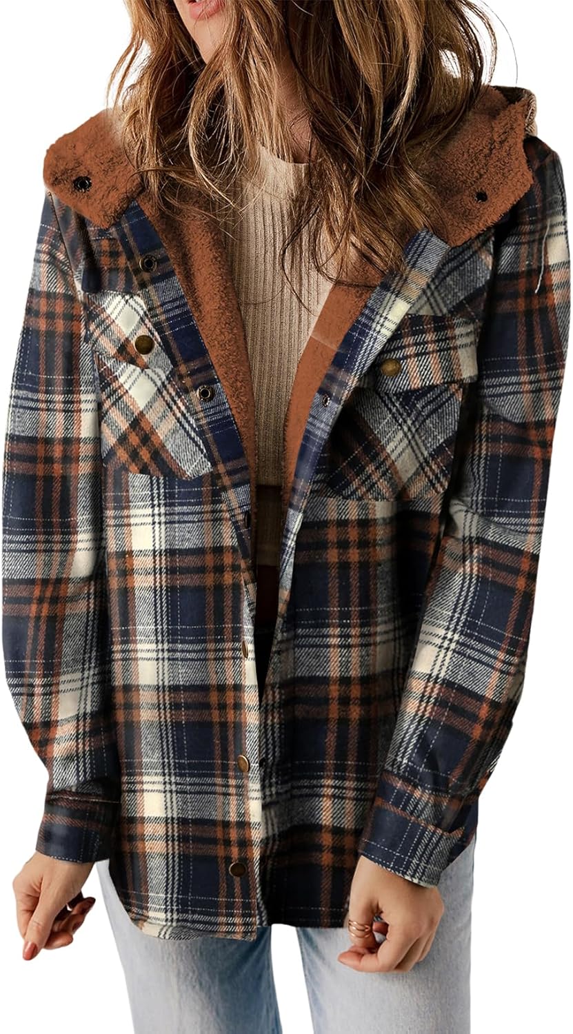 Dokotoo Womens Plaid Shacket Jacket Long Sleeve Button Down Fleece Hooded Jackets Warm Coat Dokotoo Womens Plaid Shacket Jacket Long Sleeve Button Down Fleece Hooded Jackets Warm Coat