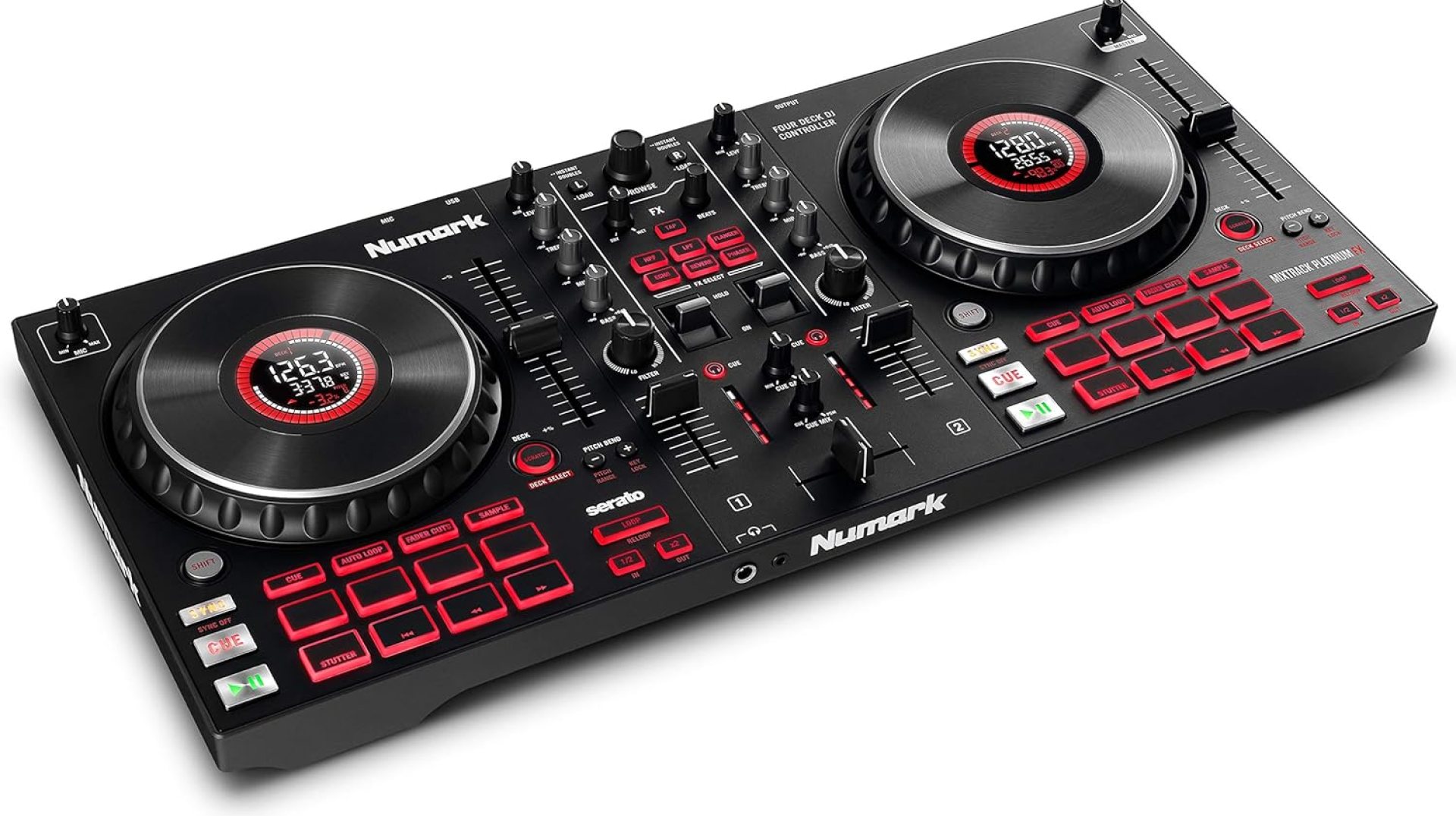 Numark Mixtrack Platinum FX – DJ Controller For Serato DJ with 4 Deck Control, DJ Mixer, Built-in Audio Interface, Jog Wheel Displays and FX Paddles Numark Mixtrack Platinum FX – DJ Controller For Serato DJ with 4 Deck Control, DJ Mixer, Built-in Audio Interface, Jog Wheel Displays and FX Paddles