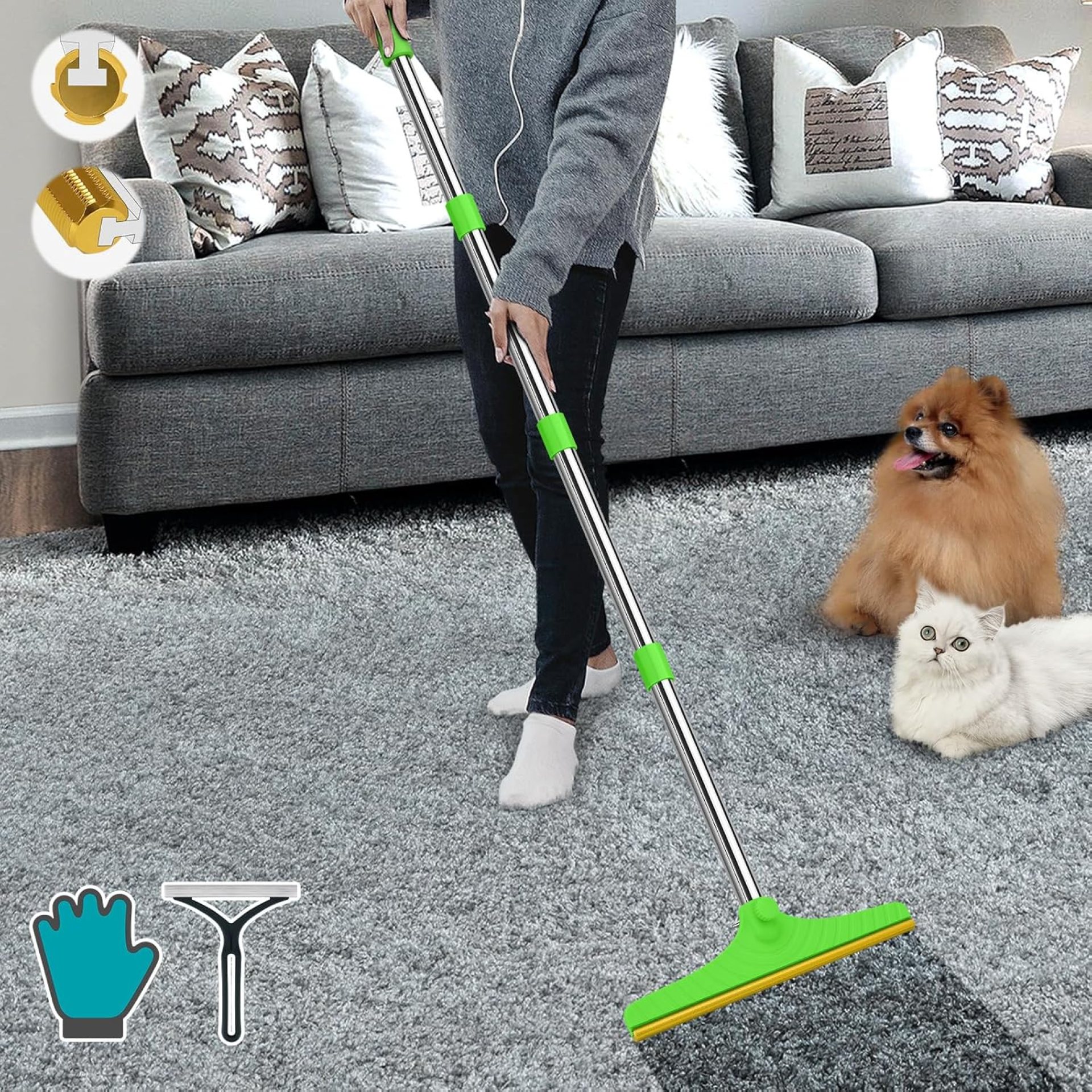 B-Land Carpet Rake for Pet Hair Removal, Reusable Pet Hair Remover with 60” Adjustable Long Handle, Carpet Scraper Dog Cat Hair Remover Tool for Rugs, Mats, Couch, Furniture Green B-Land Carpet Rake for Pet Hair Removal, Reusable Pet Hair Remover with 60” Adjustable Long Handle, Carpet Scraper Dog Cat Hair Remover Tool for Rugs, Mats, Couch, Furniture Green
