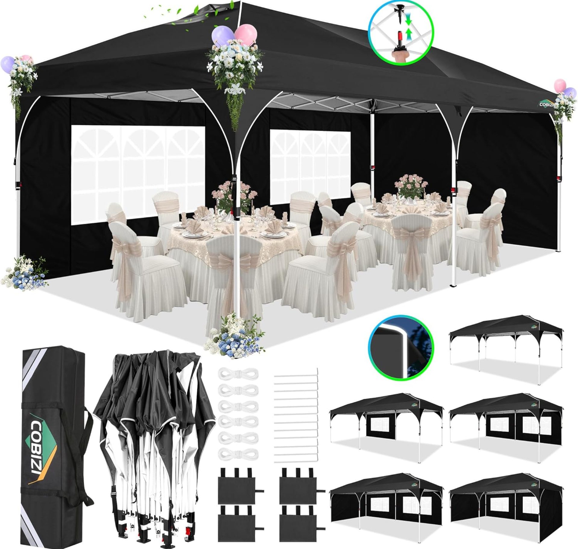 COBIZI 10×20 Pop Up Canopy: Canopy Tent with Patented Center-Lock Tech| Quick-Setup,UV-Reflective & Detachable Walls | 210D Waterproof | 3 Height Adjustments for Parties,Weddings,Outdoor Events(Black) COBIZI 10×20 Pop Up Canopy: Canopy Tent with Patented Center-Lock Tech| Quick-Setup,UV-Reflective & Detachable Walls | 210D Waterproof | 3 Height Adjustments for Parties,Weddings,Outdoor Events(Black)