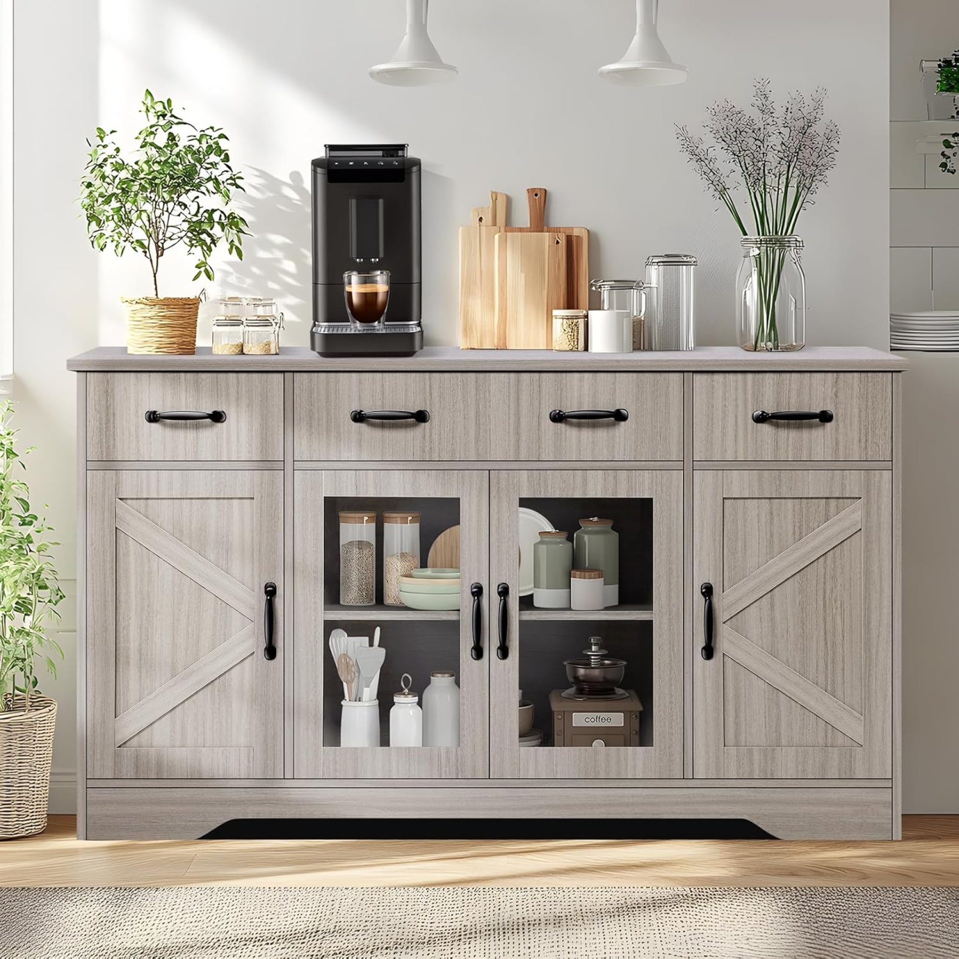 Sideboard Buffet Cabinet with Storage, 55″ Large Kitchen Buffet Table with Glass Doors and Shelves, Modern Farmhouse Coffee Bar Cabinet for Kitchen Dining Living Room Sideboard Buffet Cabinet with Storage, 55″ Large Kitchen Buffet Table with Glass Doors and Shelves, Modern Farmhouse Coffee Bar Cabinet for Kitchen Dining Living Room